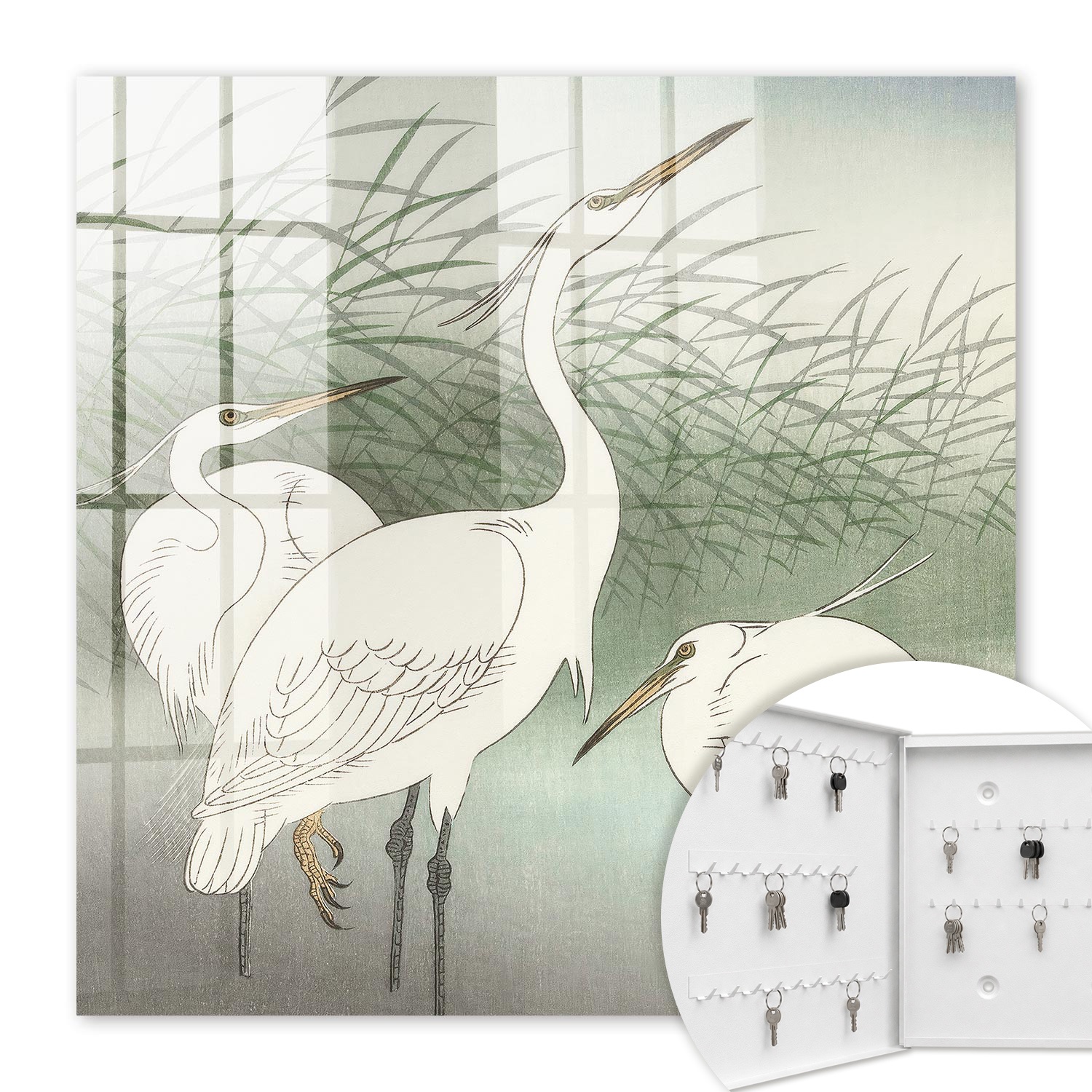 Armoire À Clés - (30 Cm X 30 Cm) - Boîte À Clés Murale - Coffret De Rangement Pour Clés - Couleur Blanche - Ouverture Vers La Gauche - Pour Maison Et Bureau - Hérons Et Herbes