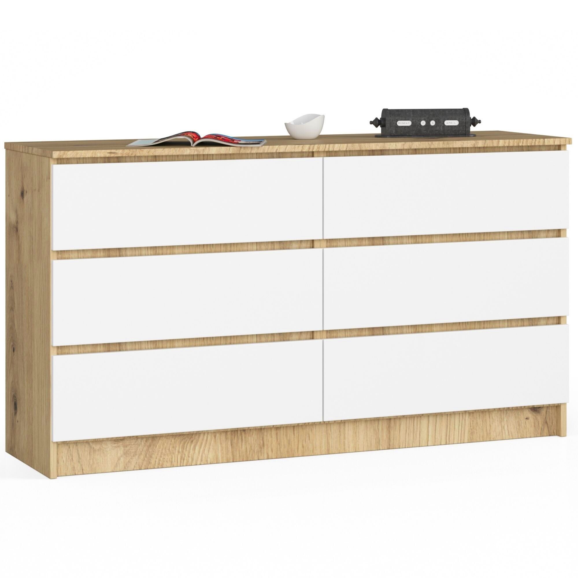 Commode Akord K140 Chêne Artisan 138 Cm 6 Tiroirs Façade Blanche 138x40x77 Cm