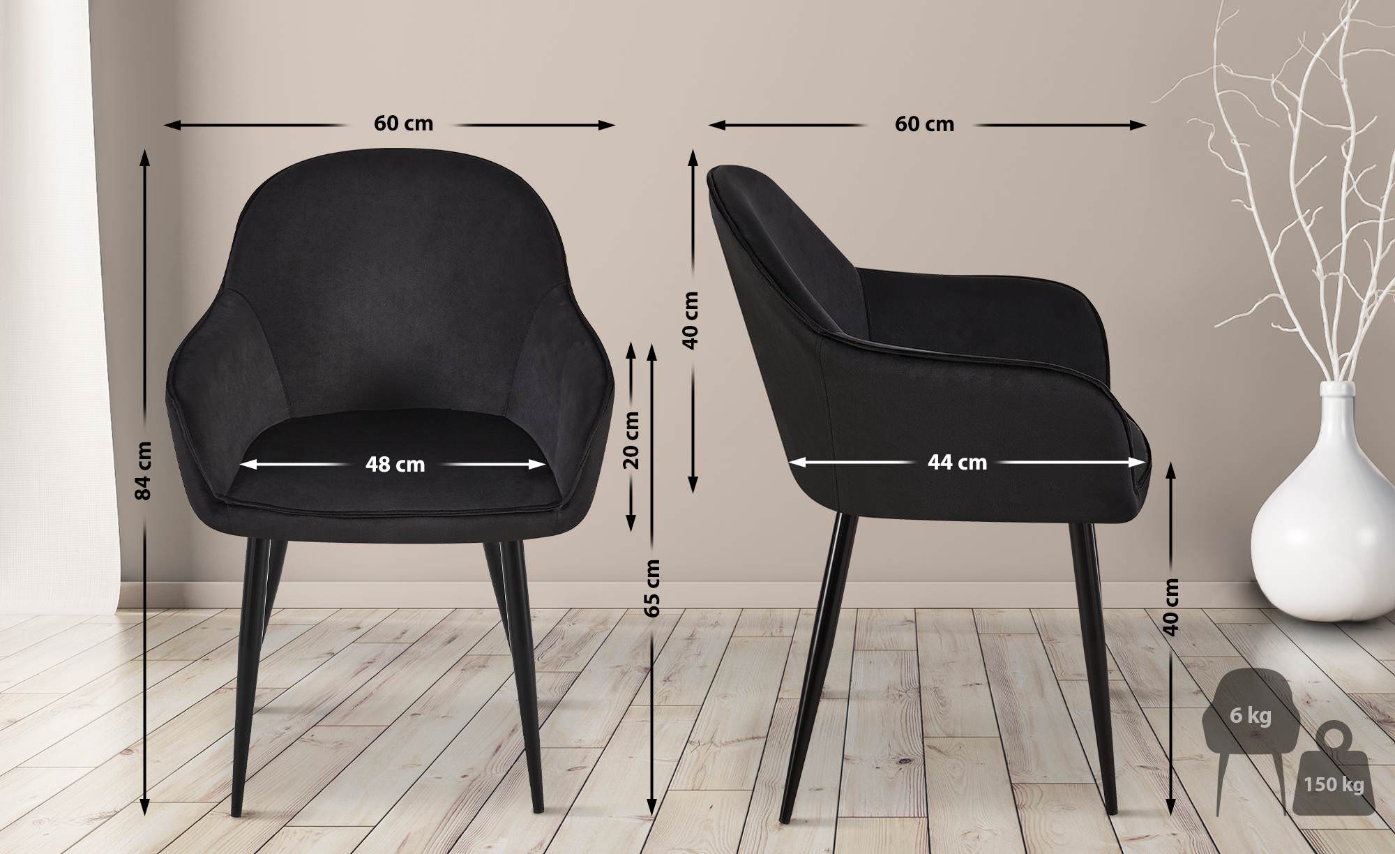 Lot De 2 Chaises De Salle À Manger En Velours Boise Noir