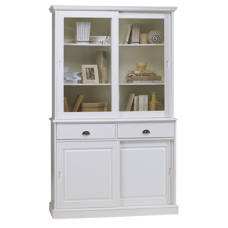 Vaisselier Beaux Meubles Pas Chers 4 Portes Coulissantes 2 Tiroirs 5 Niches Blanc Pin Massif Mdf