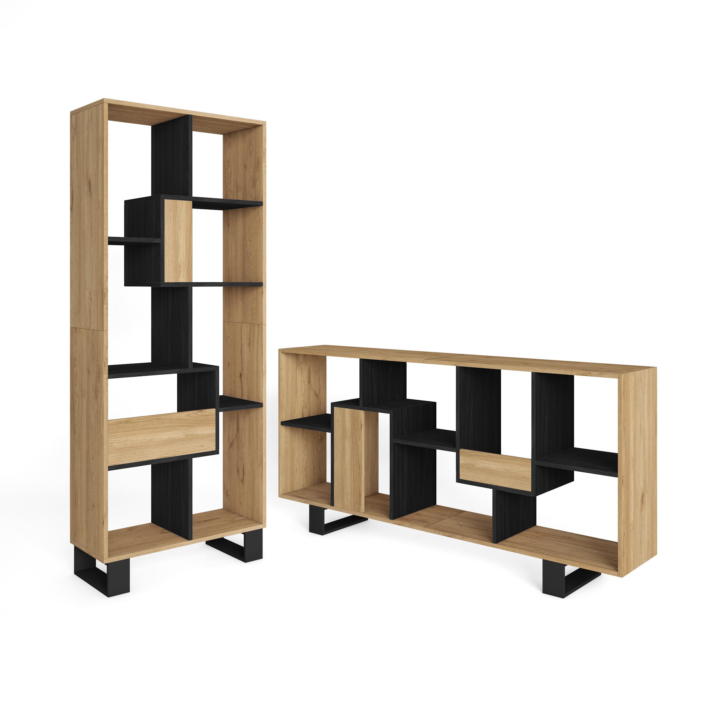 Étagère, Bibliothèque, Montage vertical ou horizontal, Couleur Chêne et noir, 31x67x174cm