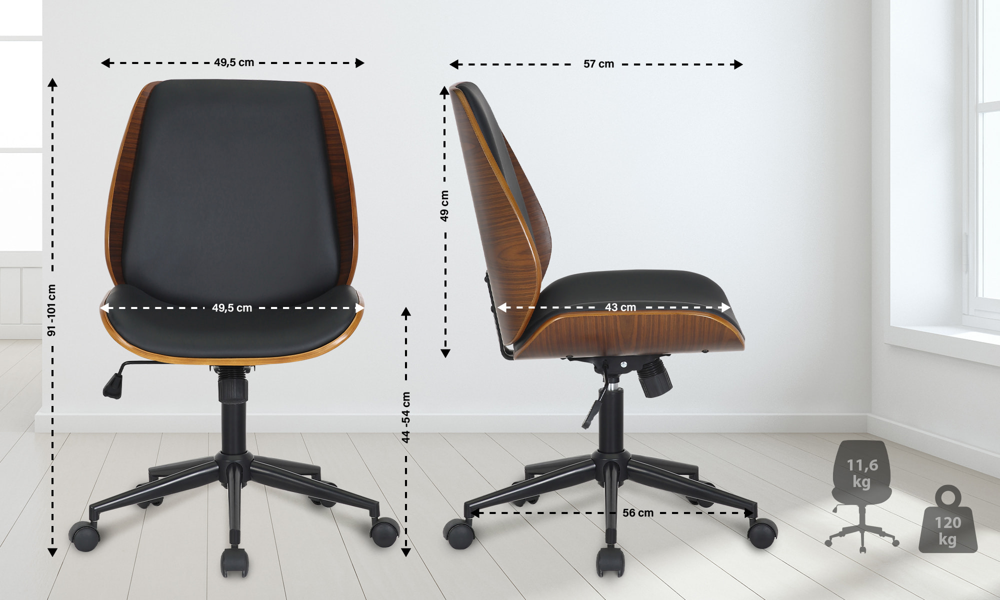 Chaise De Bureau Mitch Noire Noyer/noir
