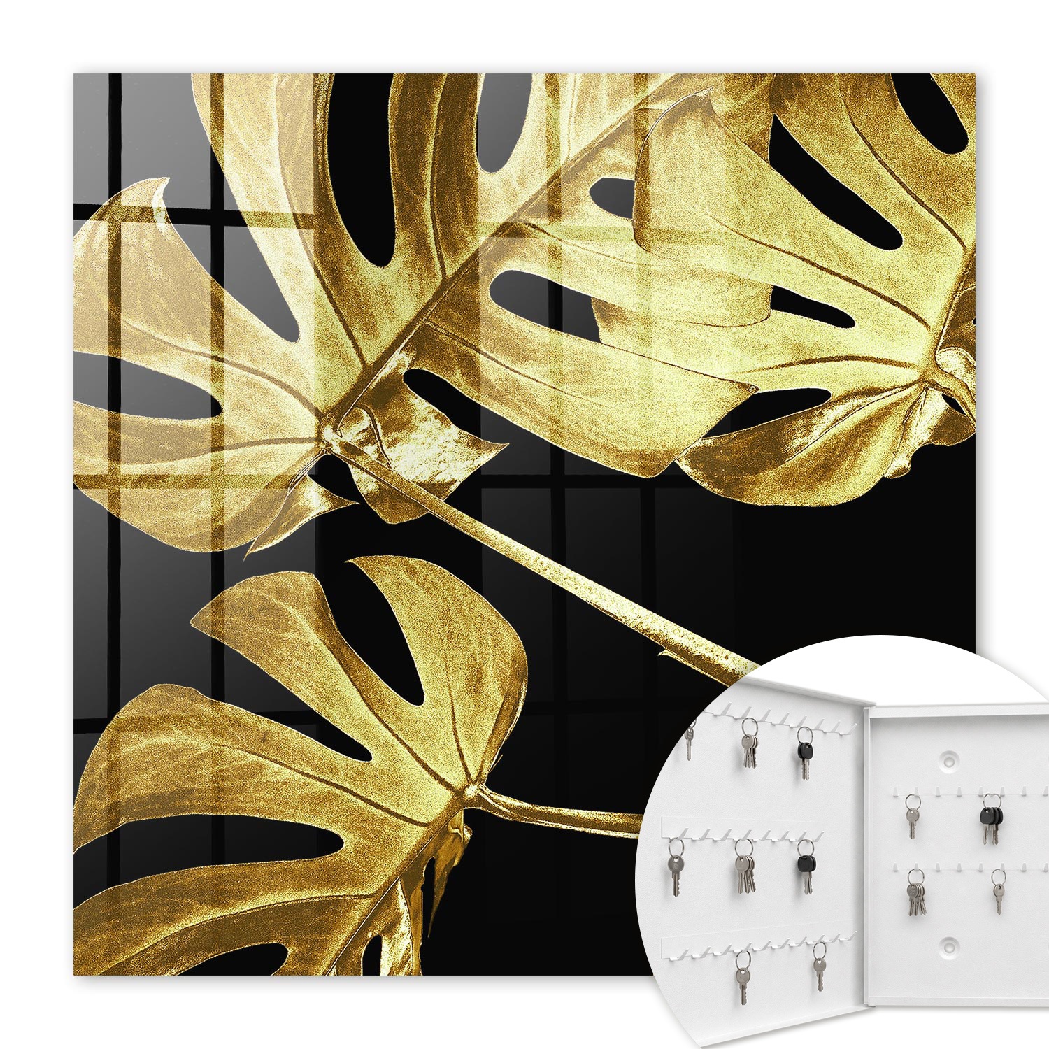 Armoire À Clés - (30 Cm X 30 Cm) - Boîte À Clés Murale - Coffret De Rangement Pour Clés - Couleur Blanche - Ouverture Vers La Gauche - Pour Maison Et Bureau - Feuilles De Monstera