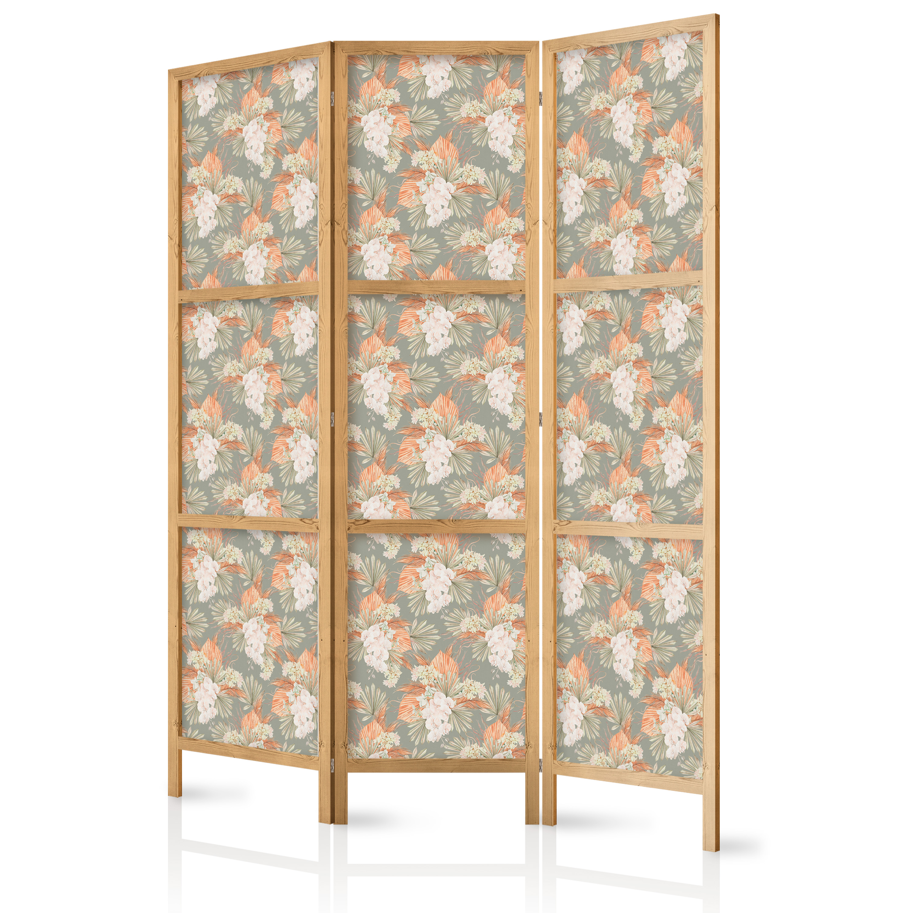 Paravent Japonais -fleurs Et Feuilles Exotiquesgris-vert 135x172