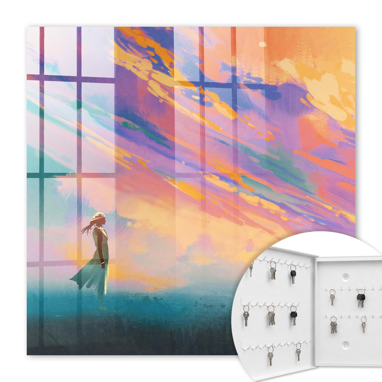 Armoire À Clés - (30 Cm X 30 Cm) - Boîte À Clés Murale - Coffret De Rangement Pour Clés - Couleur Blanche - Ouverture Vers La Gauche - Pour Maison Et Bureau - Scène Onirique