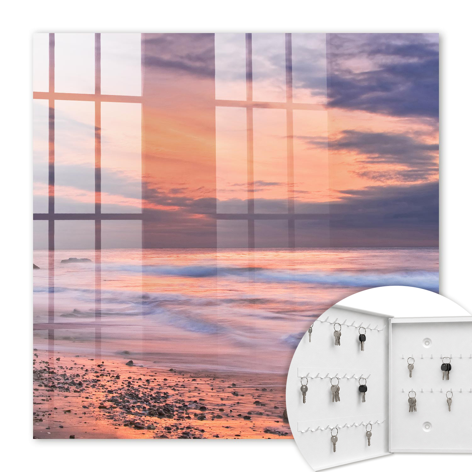 Armoire À Clés - (30 Cm X 30 Cm) - Boîte À Clés Murale - Coffret De Rangement Pour Clés - Couleur Blanche - Ouverture Vers La Gauche - Pour Maison Et Bureau - Coucher De Soleil