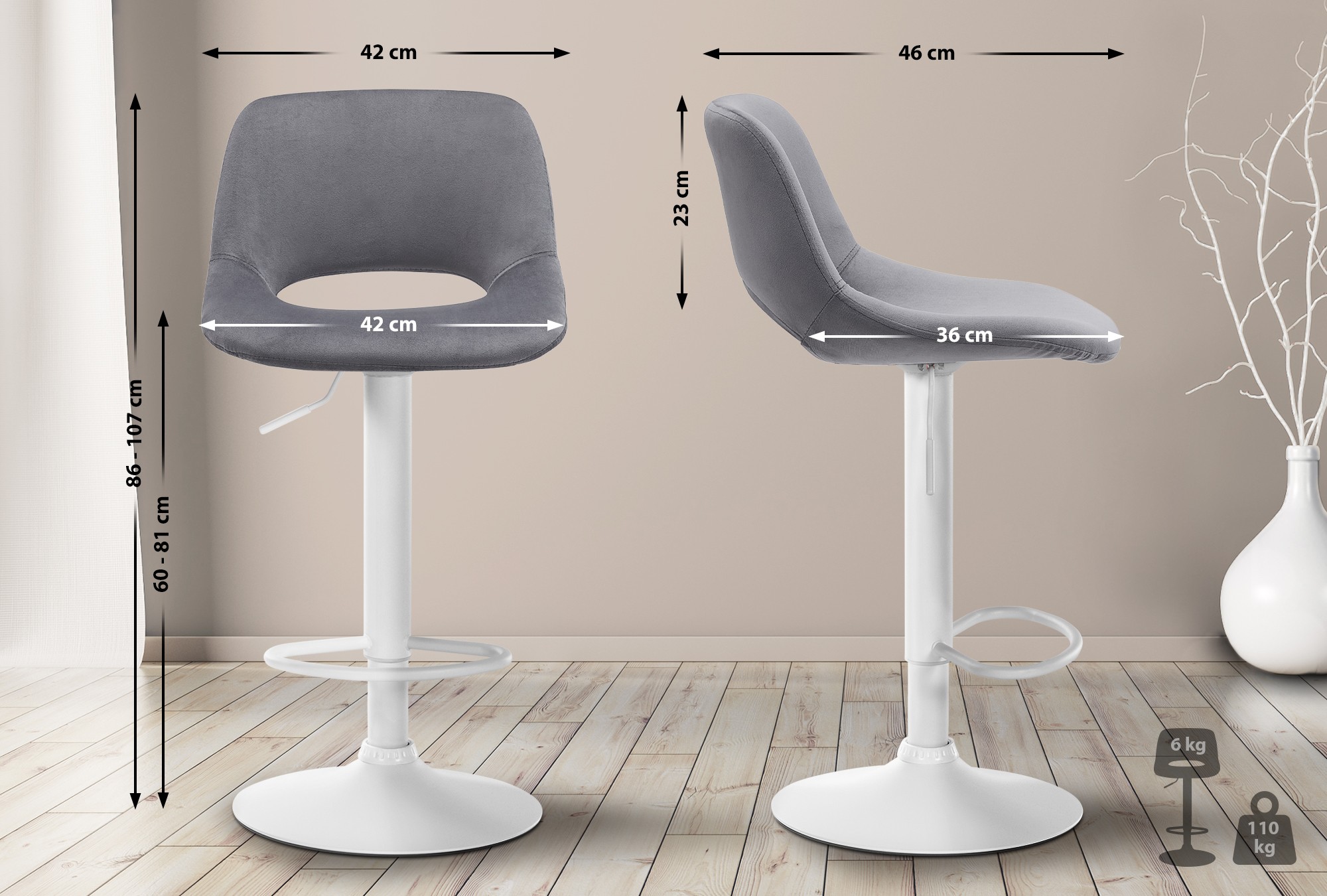 Tabouret De Bar Camden Velours Blanc Gris Foncé