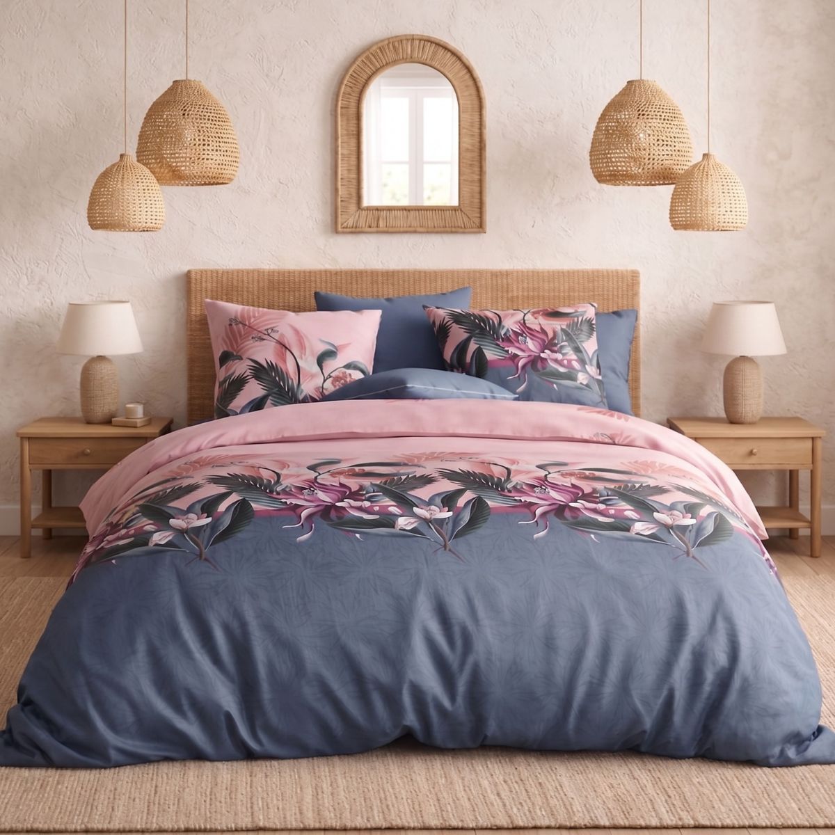 Parure Housse De Couette 240x220cm + 2 Taies Motif Floral Bleu Et Rose 100% Coton - Blum