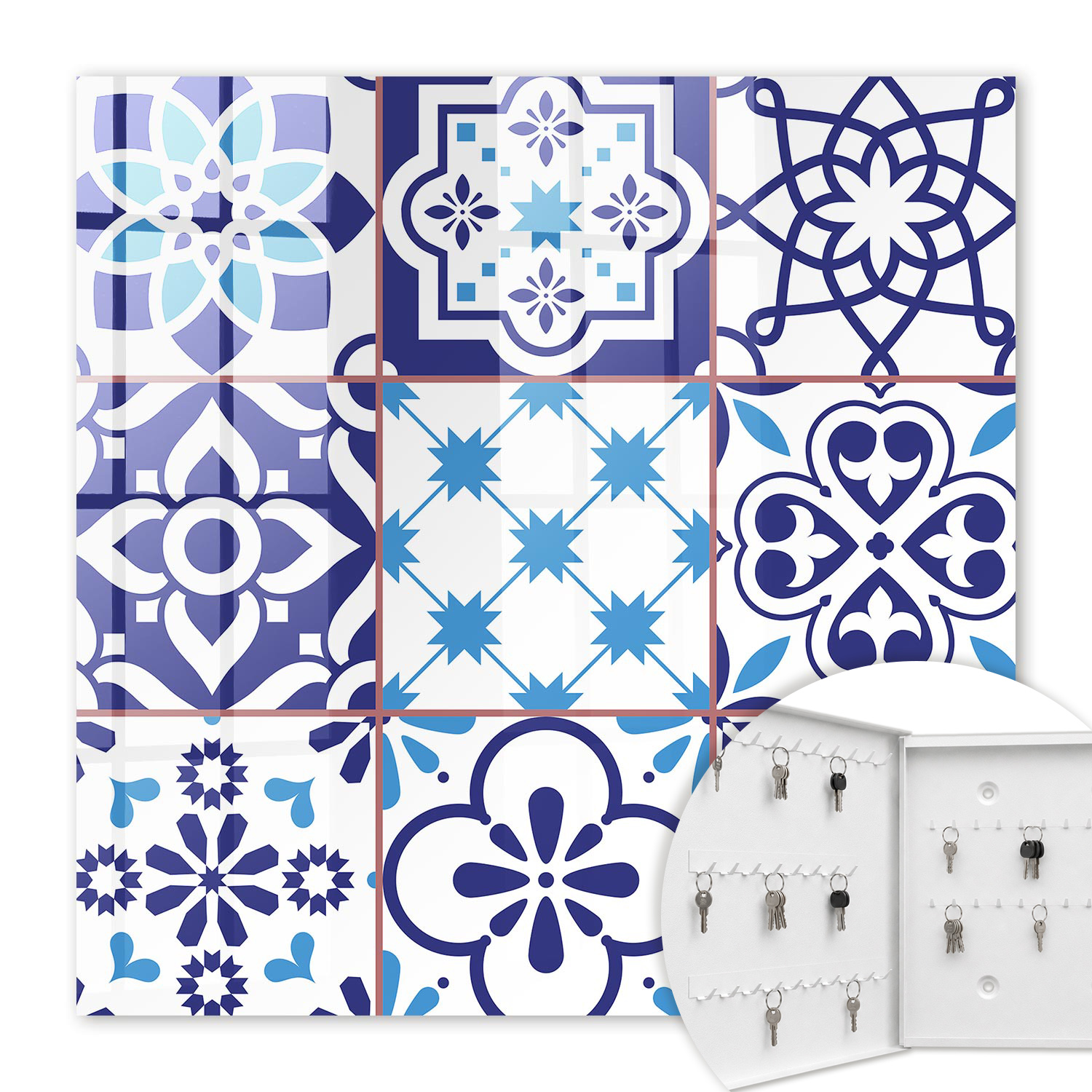 Armoire À Clés - (30 Cm X 30 Cm) - Boîte À Clés Murale - Coffret De Rangement Pour Clés - Couleur Blanche - Ouverture Vers La Gauche - Pour Maison Et Bureau - Motifs Géométriques