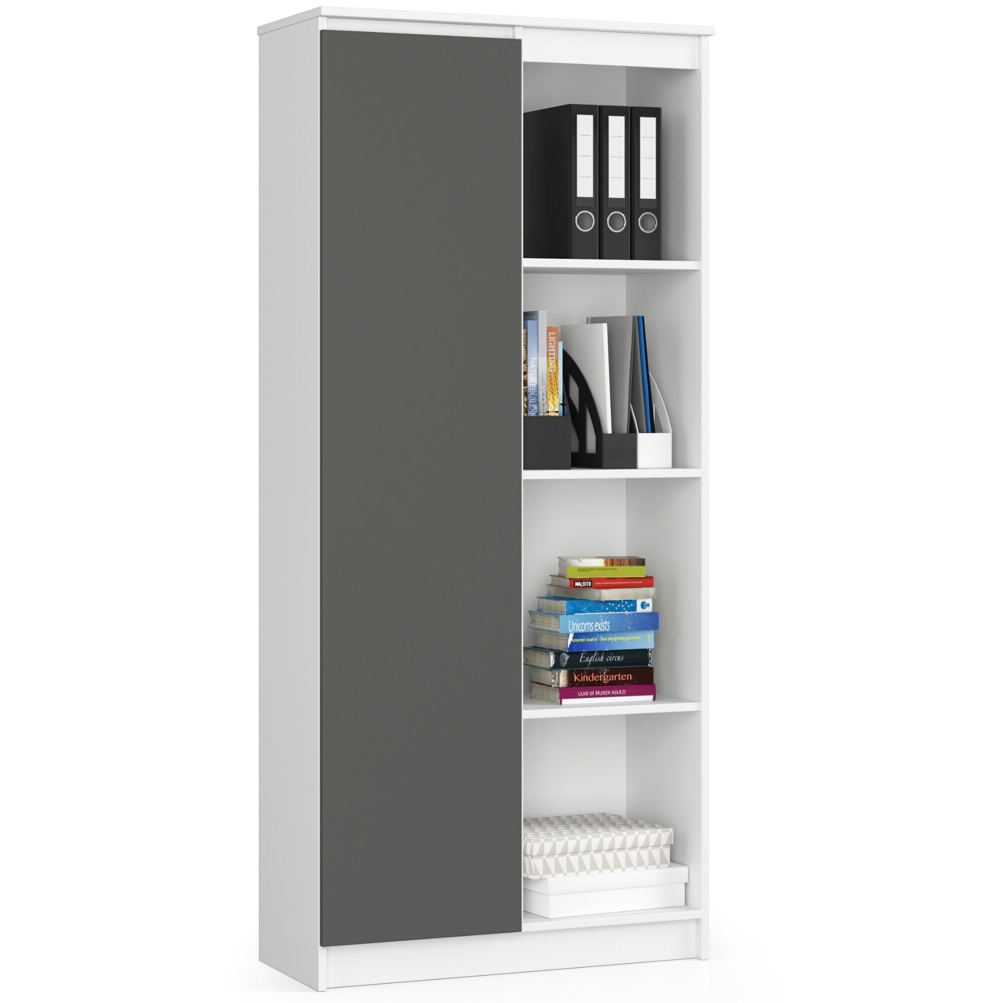 Bibliothèque De Bureau Akord R80 Blanche 80 Cm 1 Porte Façade Gris Graphite 8 Étagères 80x35x180 Cm