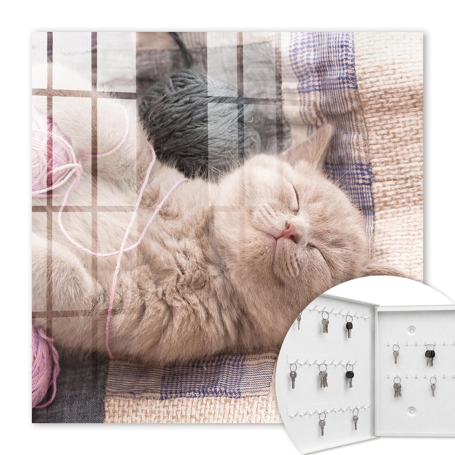 Armoire À Clés - (30 Cm X 30 Cm) - Boîte À Clés Murale - Coffret De Rangement Pour Clés - Couleur Blanche - Ouverture Vers La Gauche - Pour Maison Et Bureau - Chaton Endormi