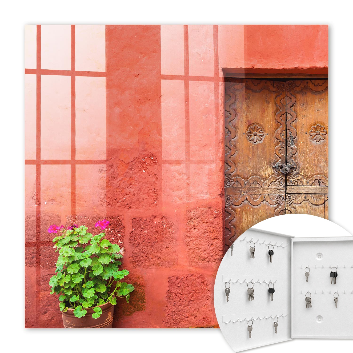 Armoire À Clés - (30 Cm X 30 Cm) - Boîte À Clés Murale - Coffret De Rangement Pour Clés - Couleur Blanche - Ouverture Vers La Gauche - Pour Maison Et Bureau - Façade Rouge
