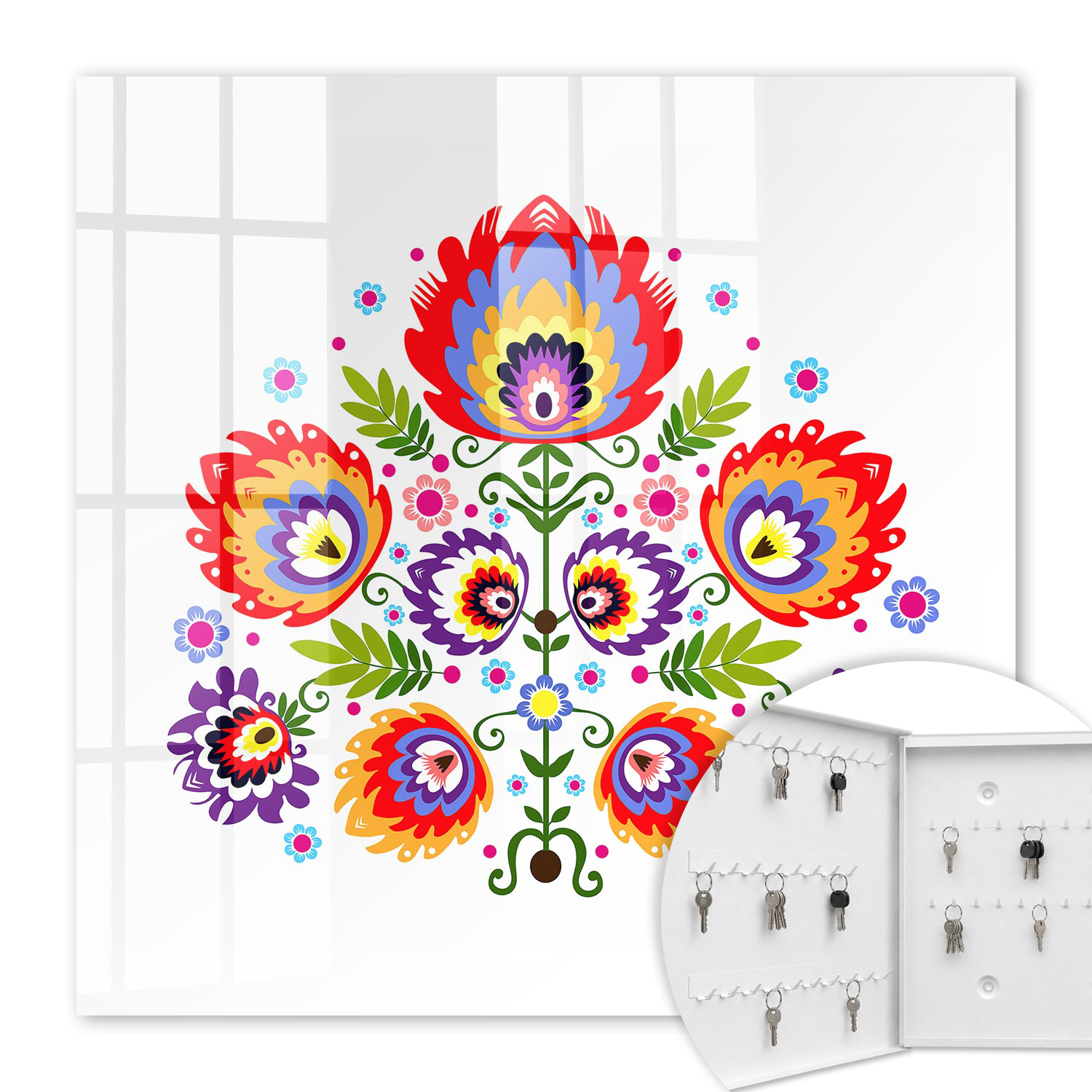 Armoire À Clés - (30 Cm X 30 Cm) - Boîte À Clés Murale - Coffret De Rangement Pour Clés - Couleur Blanche - Ouverture Vers La Gauche - Pour Maison Et Bureau - Fleurs Folkloriques