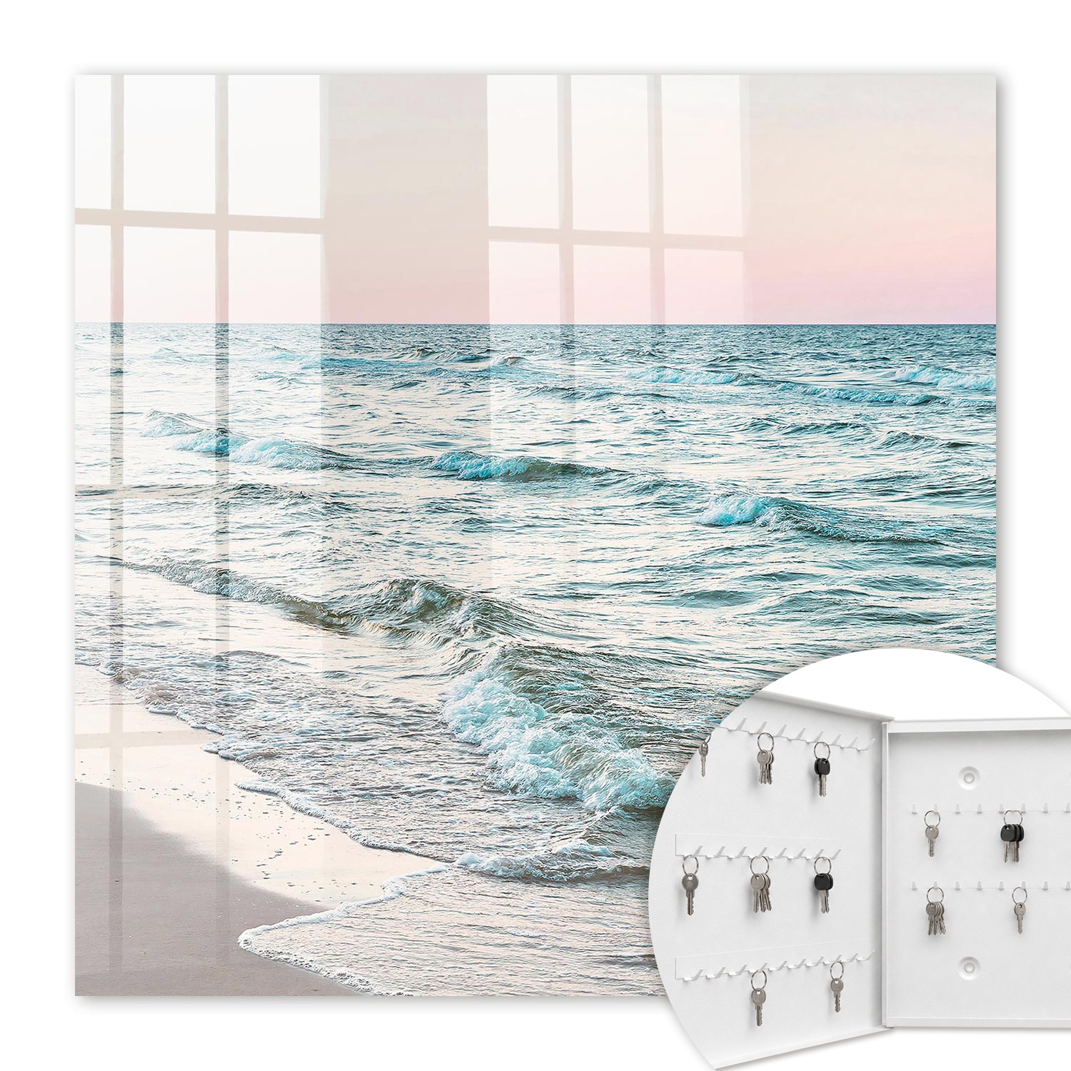 Armoire À Clés - (30 Cm X 30 Cm) - Boîte À Clés Murale - Coffret De Rangement Pour Clés - Couleur Blanche - Ouverture Vers La Gauche - Pour Maison Et Bureau - Vagues De La Mer