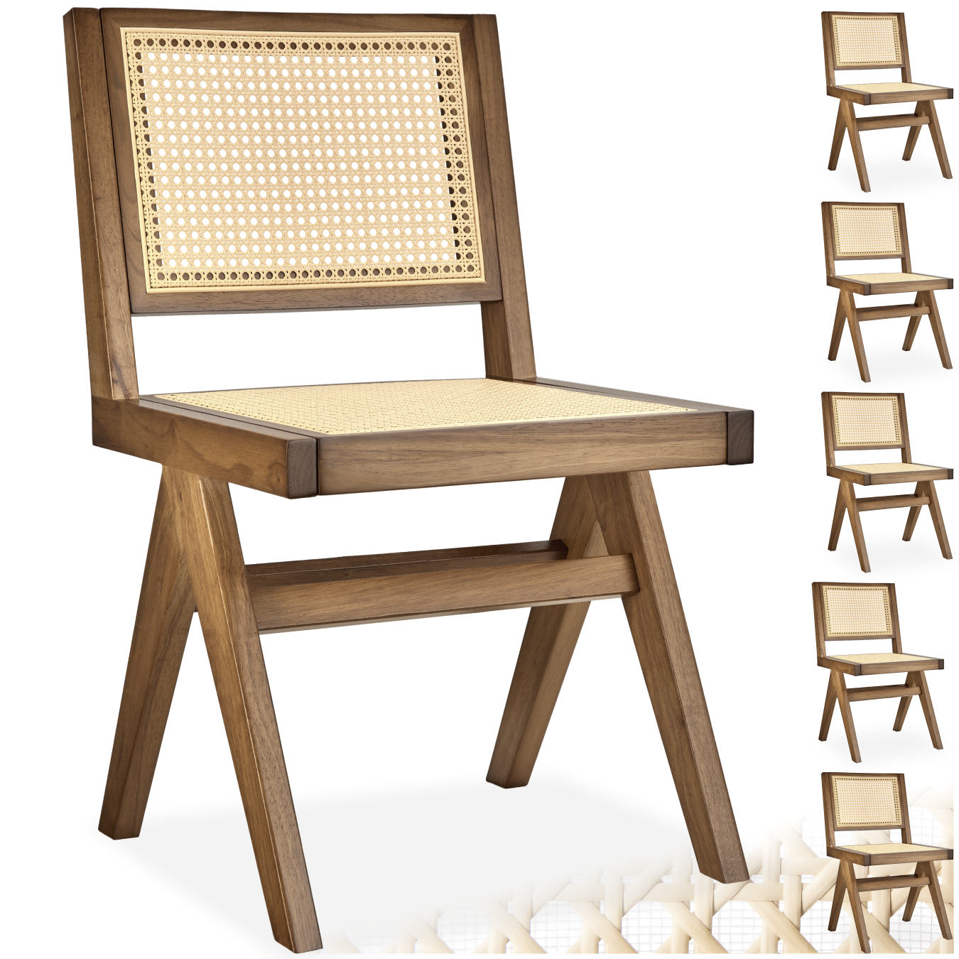 Lot 6 Chaises En Bois Avec Cannage Viennois Design Boho Chêne Clair