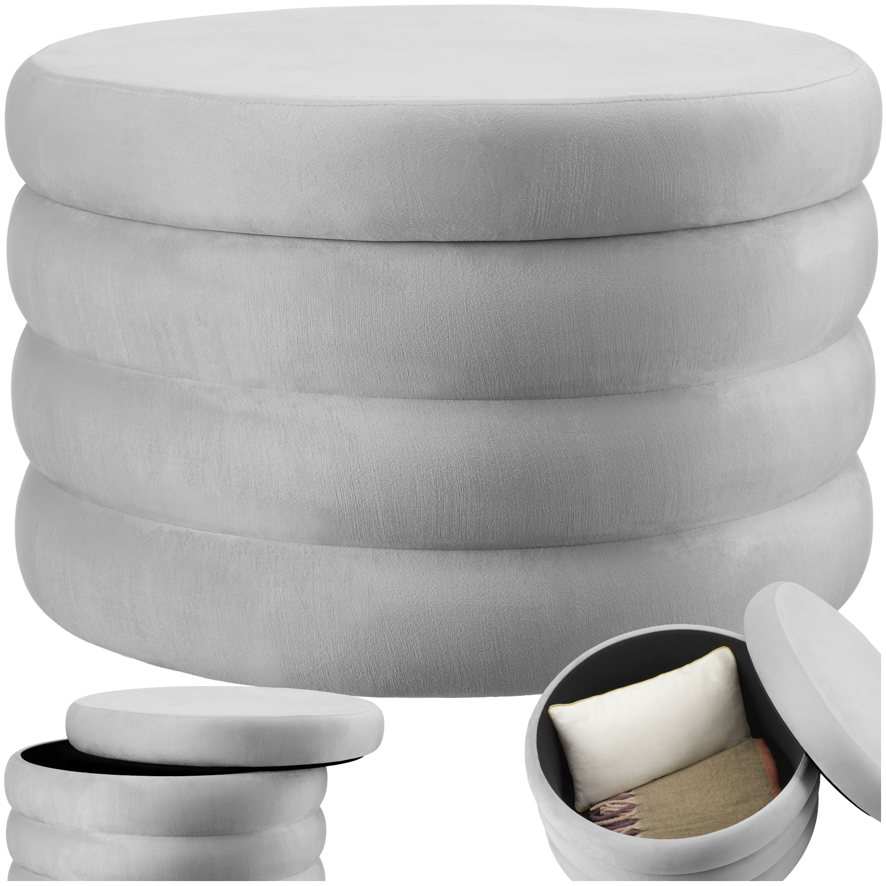 Tabouret Rembourré Rond Avec Rangement Revêtement Velours Gris