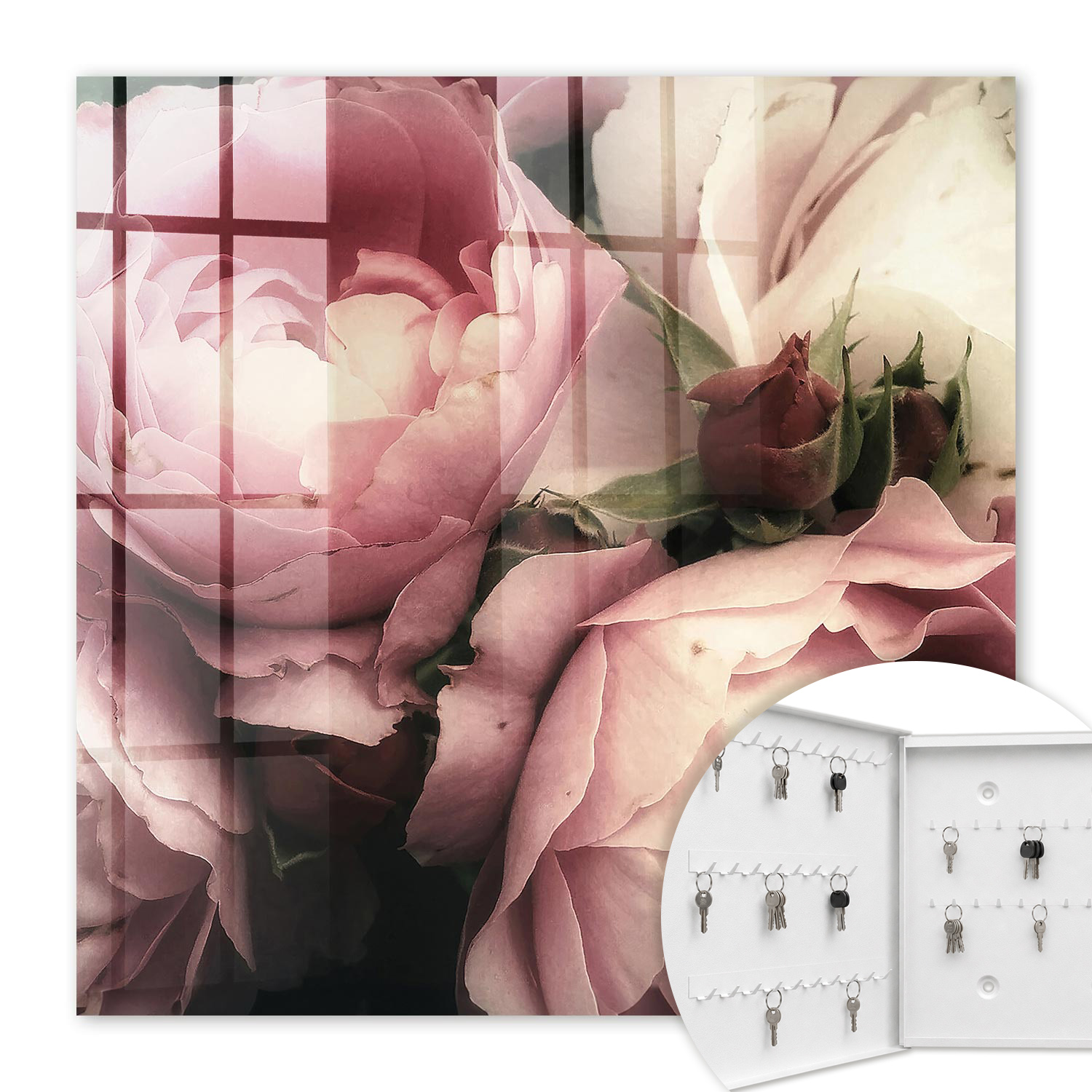 Armoire À Clés - (30 Cm X 30 Cm) - Boîte À Clés Murale - Coffret De Rangement Pour Clés - Couleur Blanche - Ouverture Vers La Gauche - Pour Maison Et Bureau - Beauté De La Rose