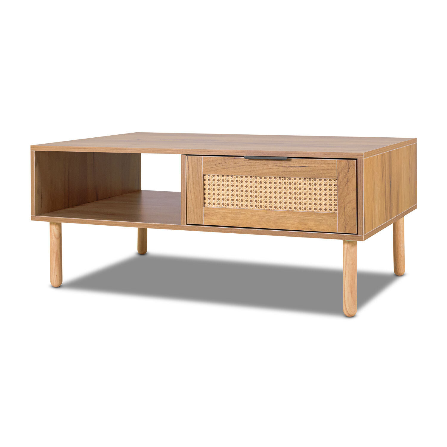 Akela - Table Basse En Bois Et Rotin, 2 Tiroirs Et Compartiment Ouvert