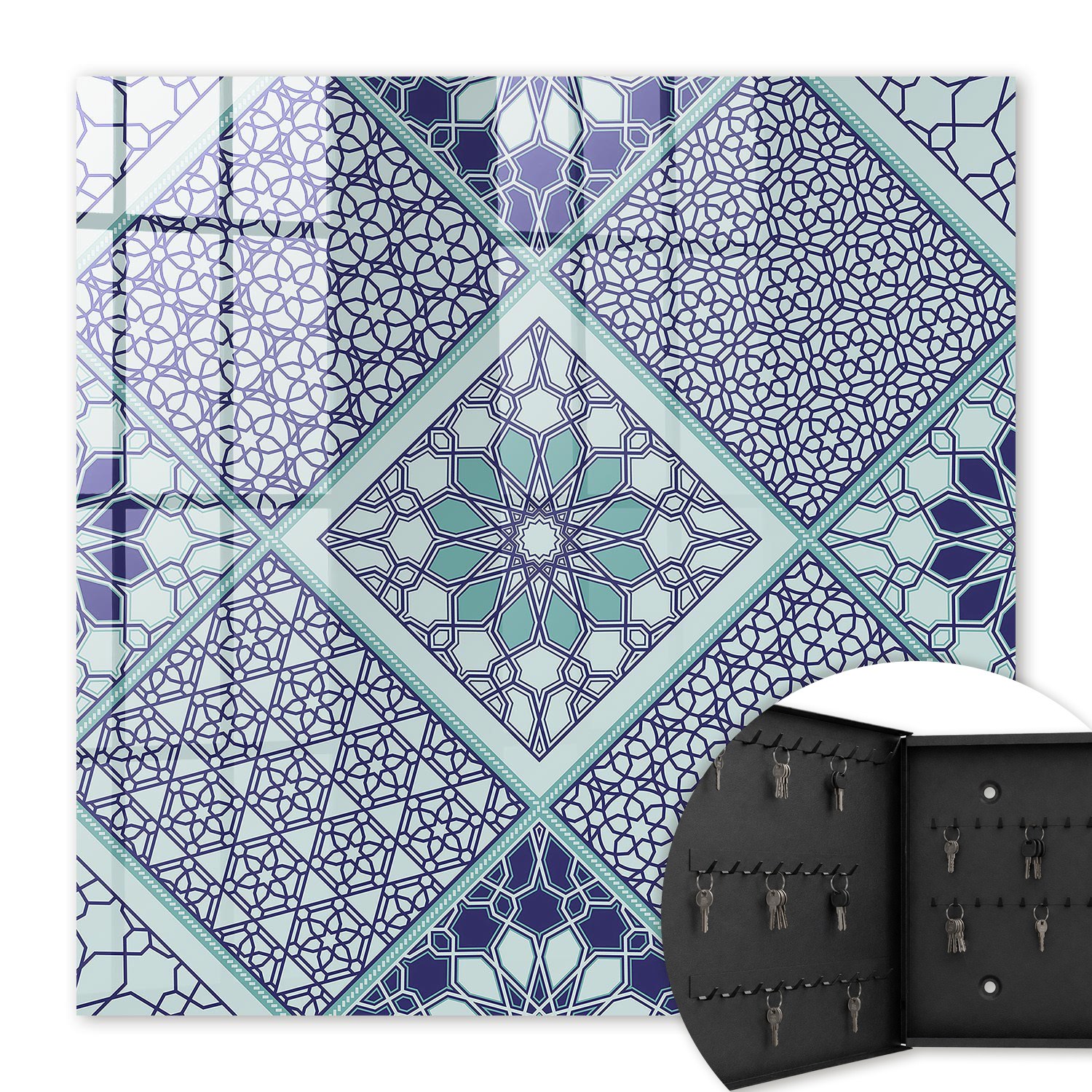Armoire À Clés - (30 Cm X 30 Cm) - Boîte À Clés Murale - Coffret De Rangement Pour Clés - Couleur Noire - Ouverture Vers La Gauche - Pour Maison Et Bureau - Motif Géométrique
