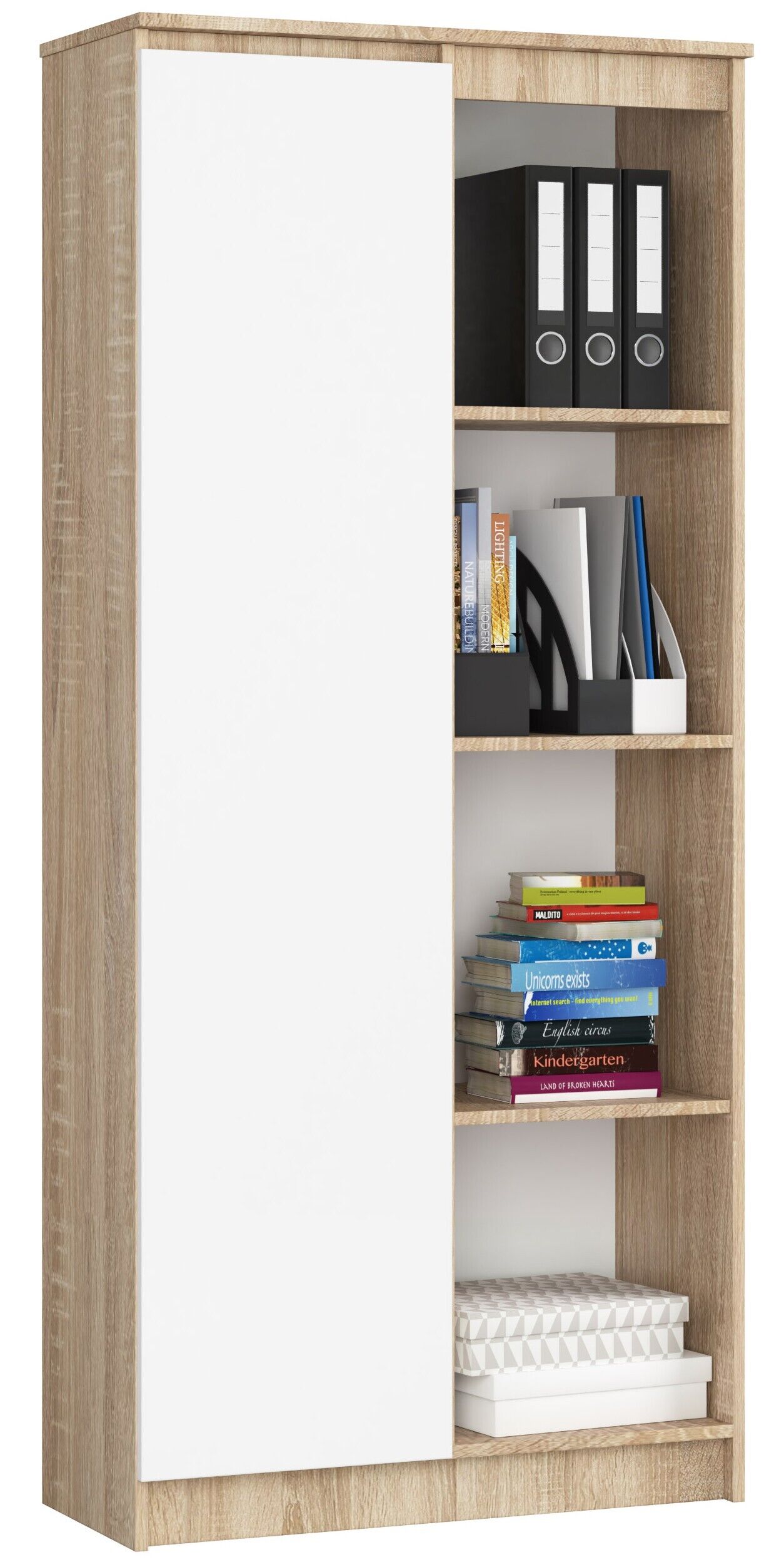 Bibliothèque De Bureau Akord R80 Chêne Sonoma 80 Cm 1 Porte Façade Blanche 8 Étagères 80x35x180 Cm