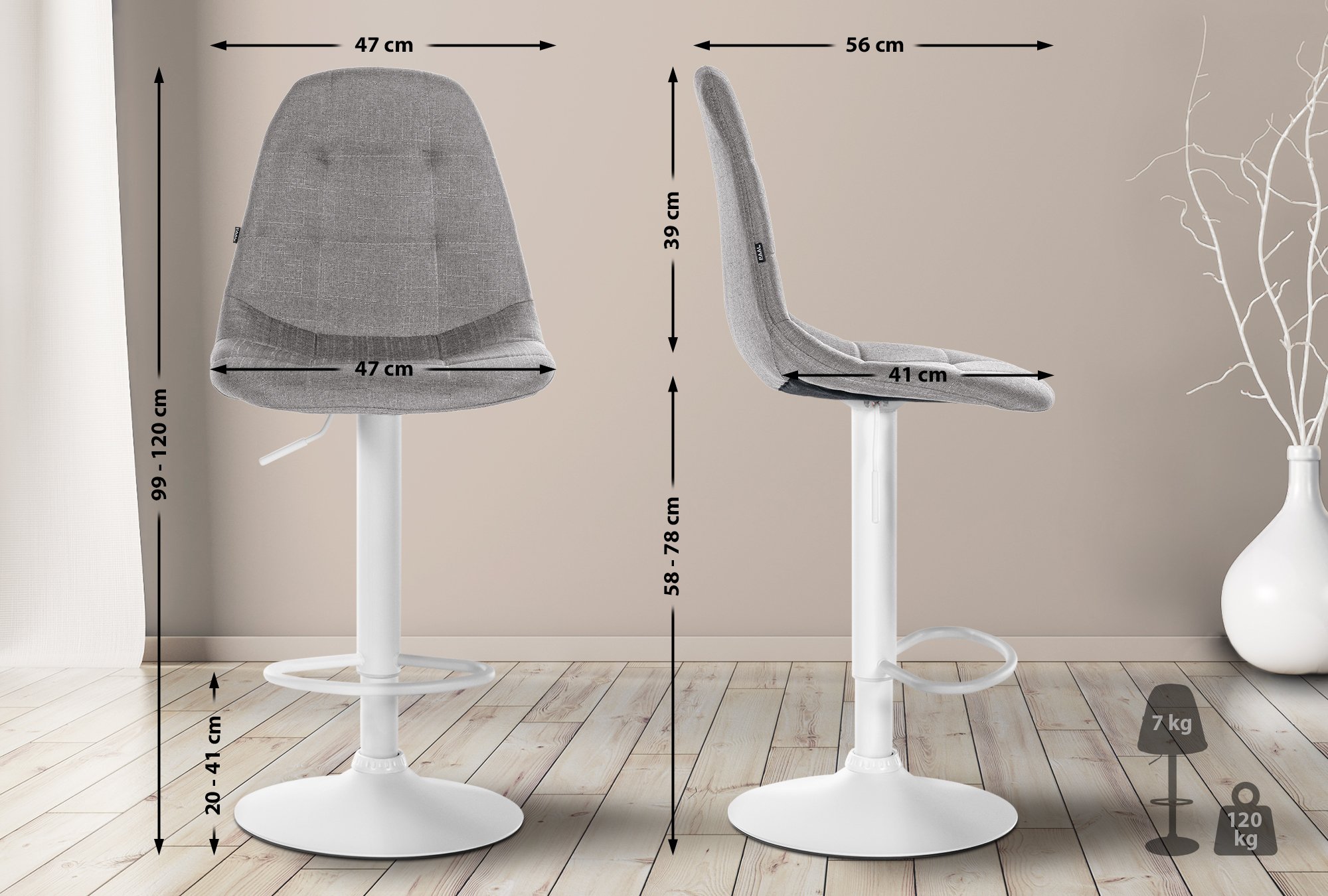 Tabouret De Bar Elmore Tissu W Gris