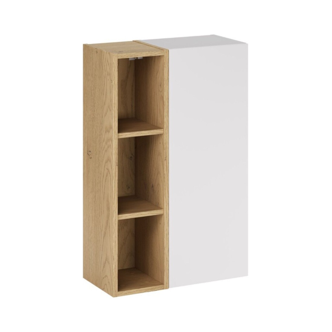 Meuble De Rangement Oster 50cm - Meuble Suspendu Blanc Mat 1 Porte Et 3 Niches Visibles Aspect Chêne Clair
