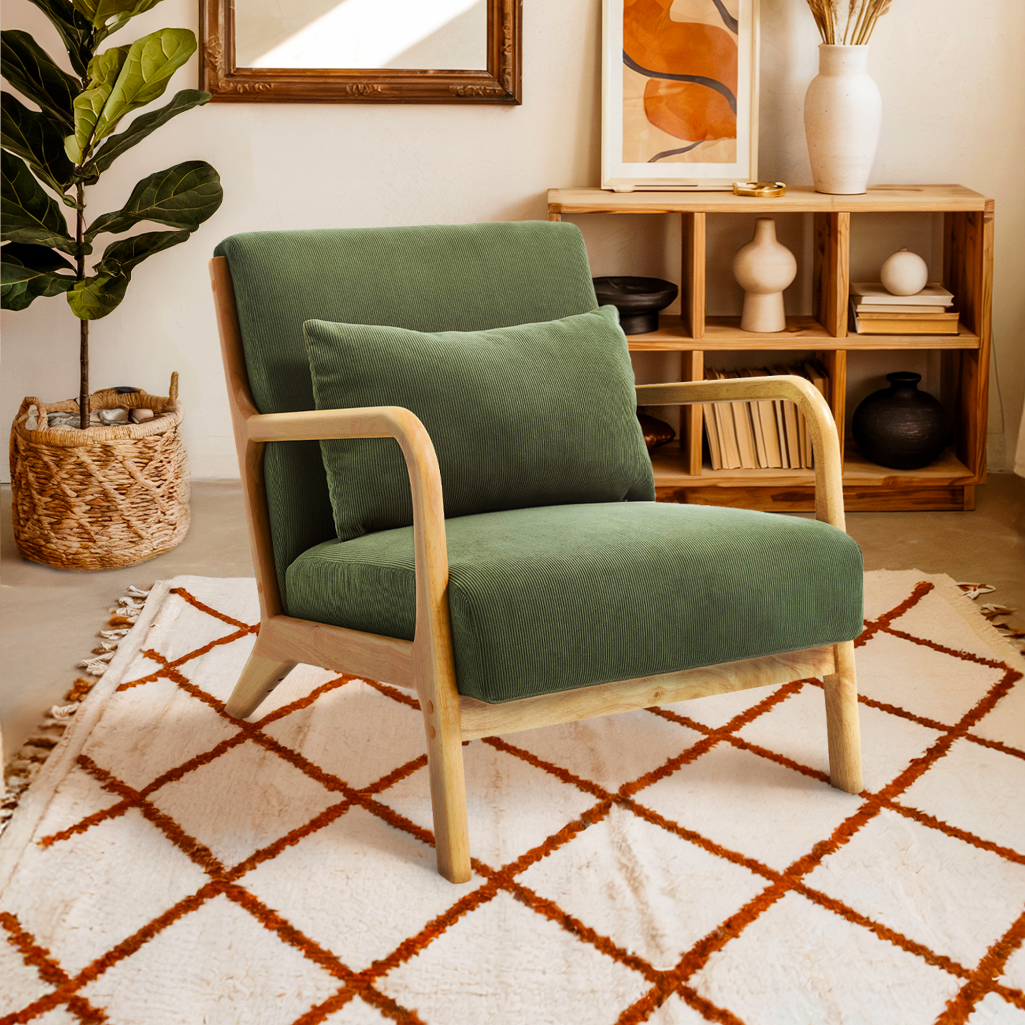 Sicaan Fauteuil Scandinave Vintage Marie Velours Côtelé Kaki Et Bois