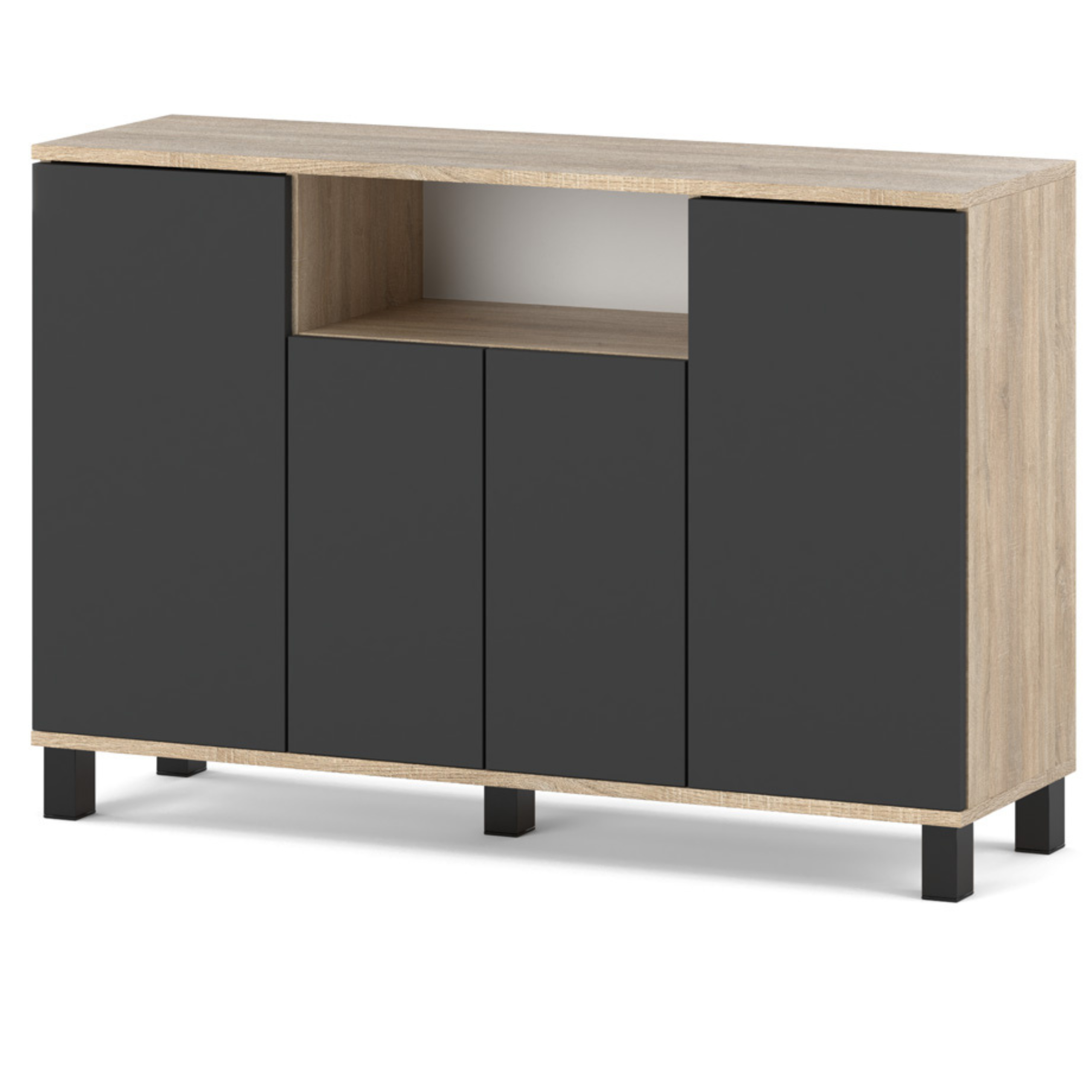 Commode Chêne Sonoma + Gris 120 Cm 4 Portes - Meuble Tv Moderne Pour Salon Et Chambre - Buffet De Rangement Design