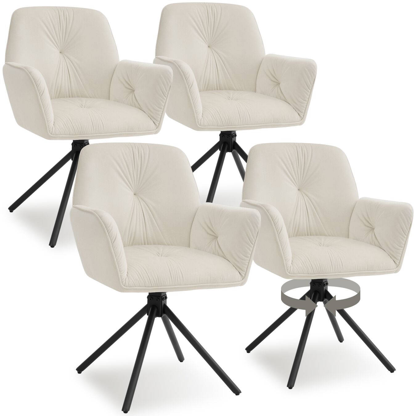 Lot De 4 Chaises Pivotantes 360° En Velours Rembourrées Crème/noir
