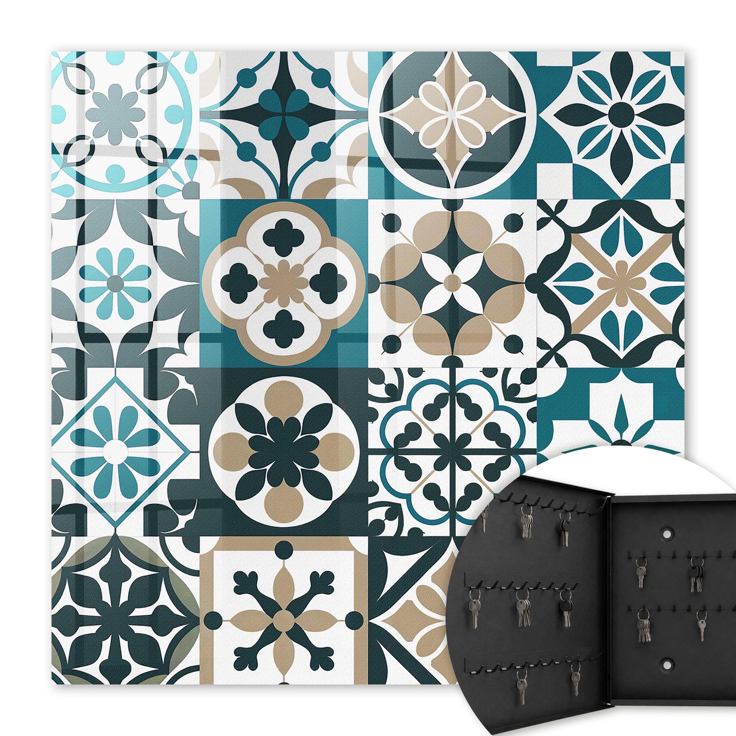 Armoire À Clés - (30 Cm X 30 Cm) - Boîte À Clés Murale - Coffret De Rangement Pour Clés - Couleur Noire - Ouverture Vers La Gauche - Pour Maison Et Bureau - Carreaux Marocains