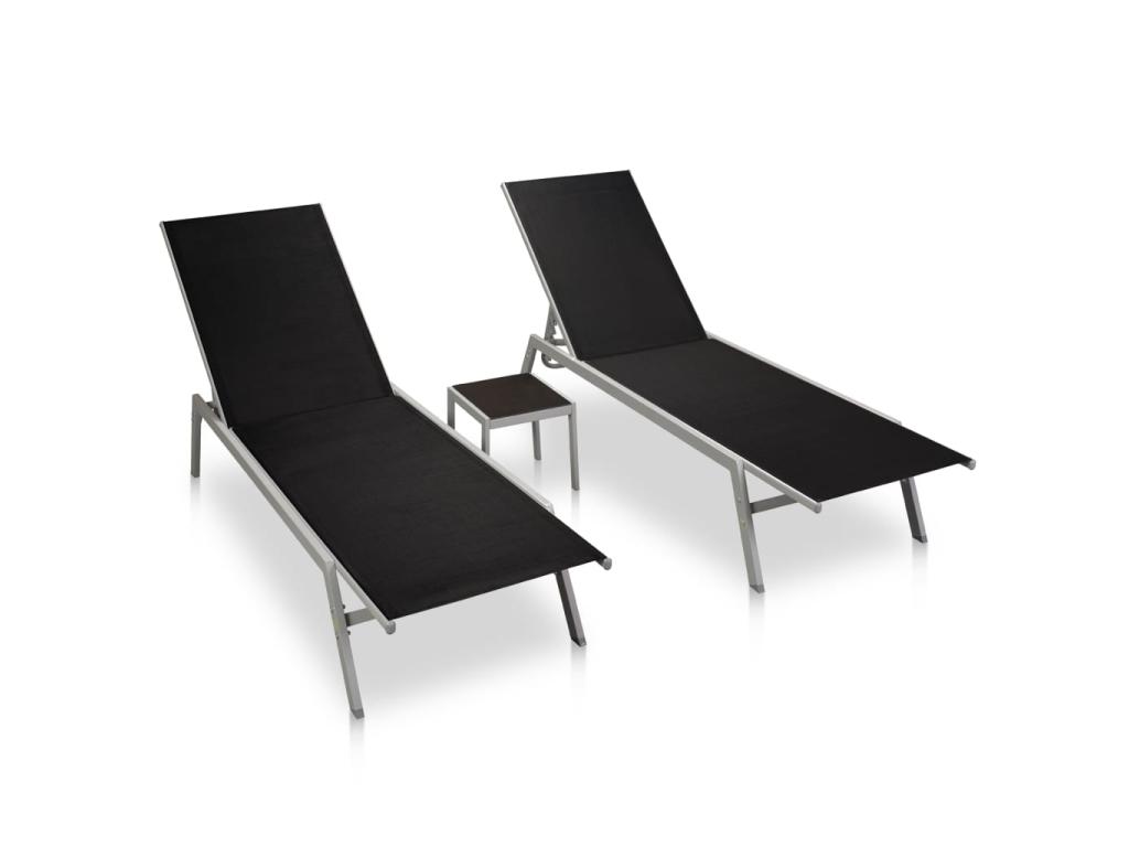 Lot De 2 Transats Chaise Longue Bain De Soleil Lit De Jardin Terrasse Meuble D'extérieur Avec Table Acier Et Textilène N