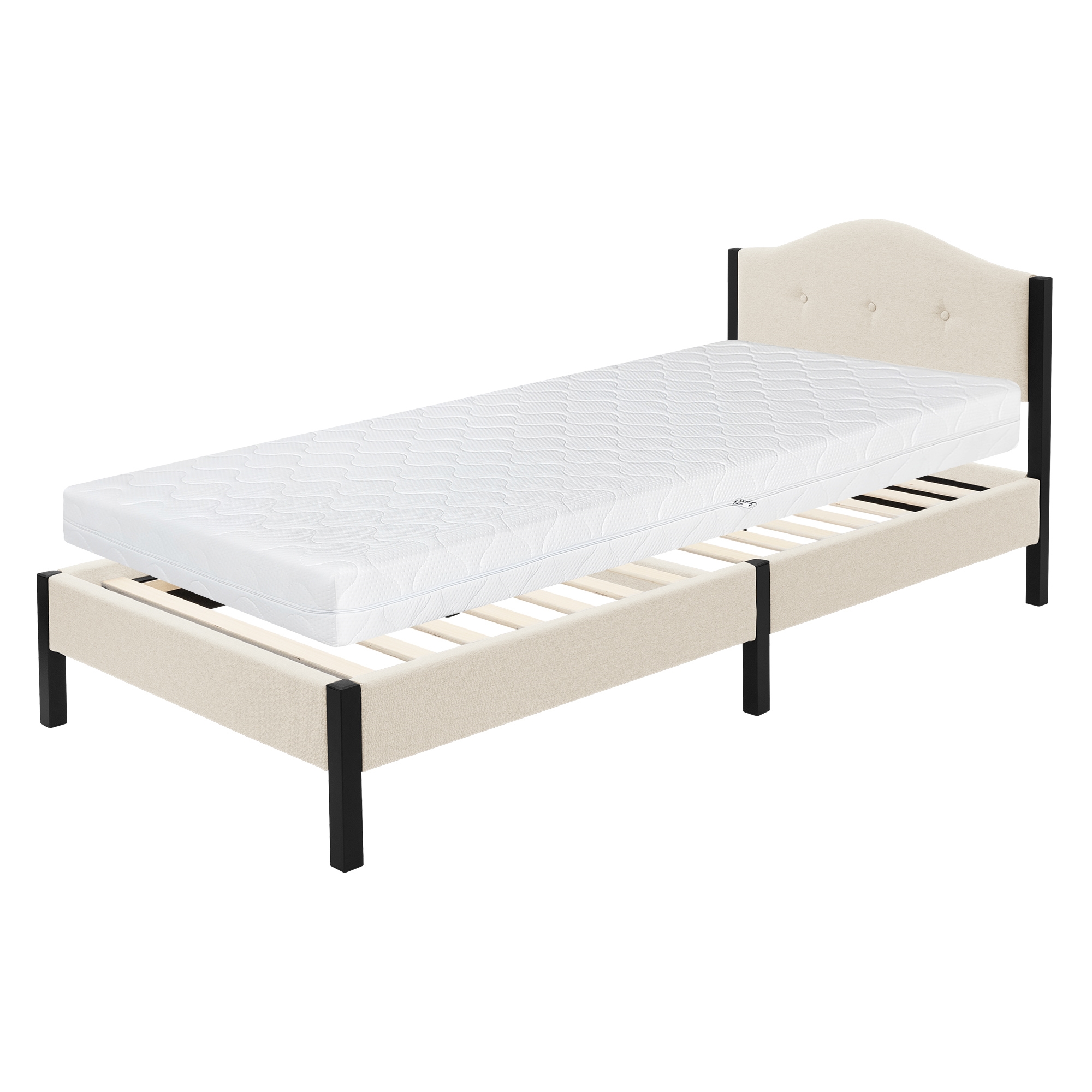 Ml-design Lit Rembourré 90x200cm Avec Matelas H16cm Beige Cadre De Lit Simple Avec Sommier À Lattes Et Têtière Capitonné En Tissu De Lin Structure Robuste En Acier Mobilier Pour Chambre À Coucher