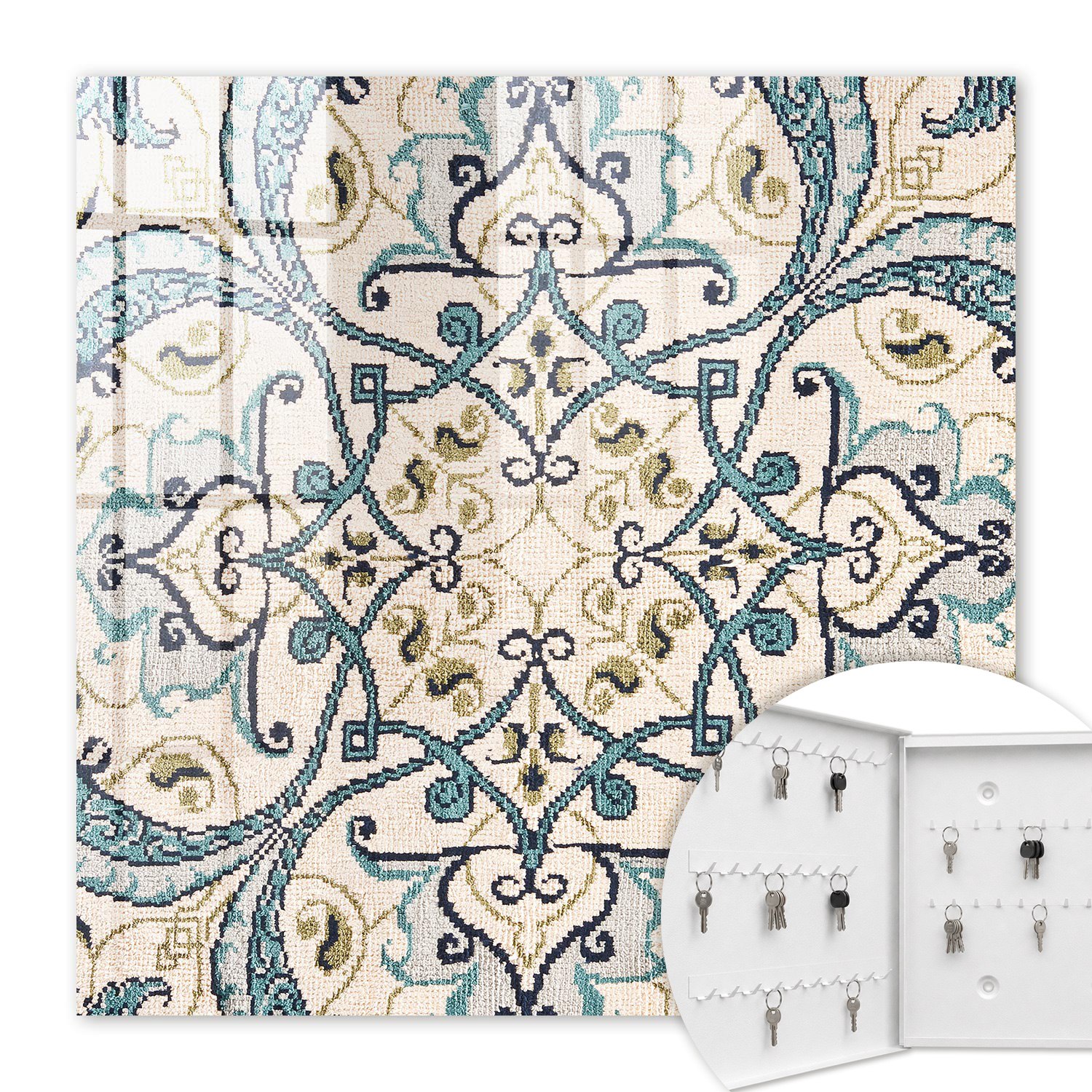 Armoire À Clés - (30 Cm X 30 Cm) - Boîte À Clés Murale - Coffret De Rangement Pour Clés - Couleur Blanche - Ouverture Vers La Gauche - Pour Maison Et Bureau - Ornement Turquoise