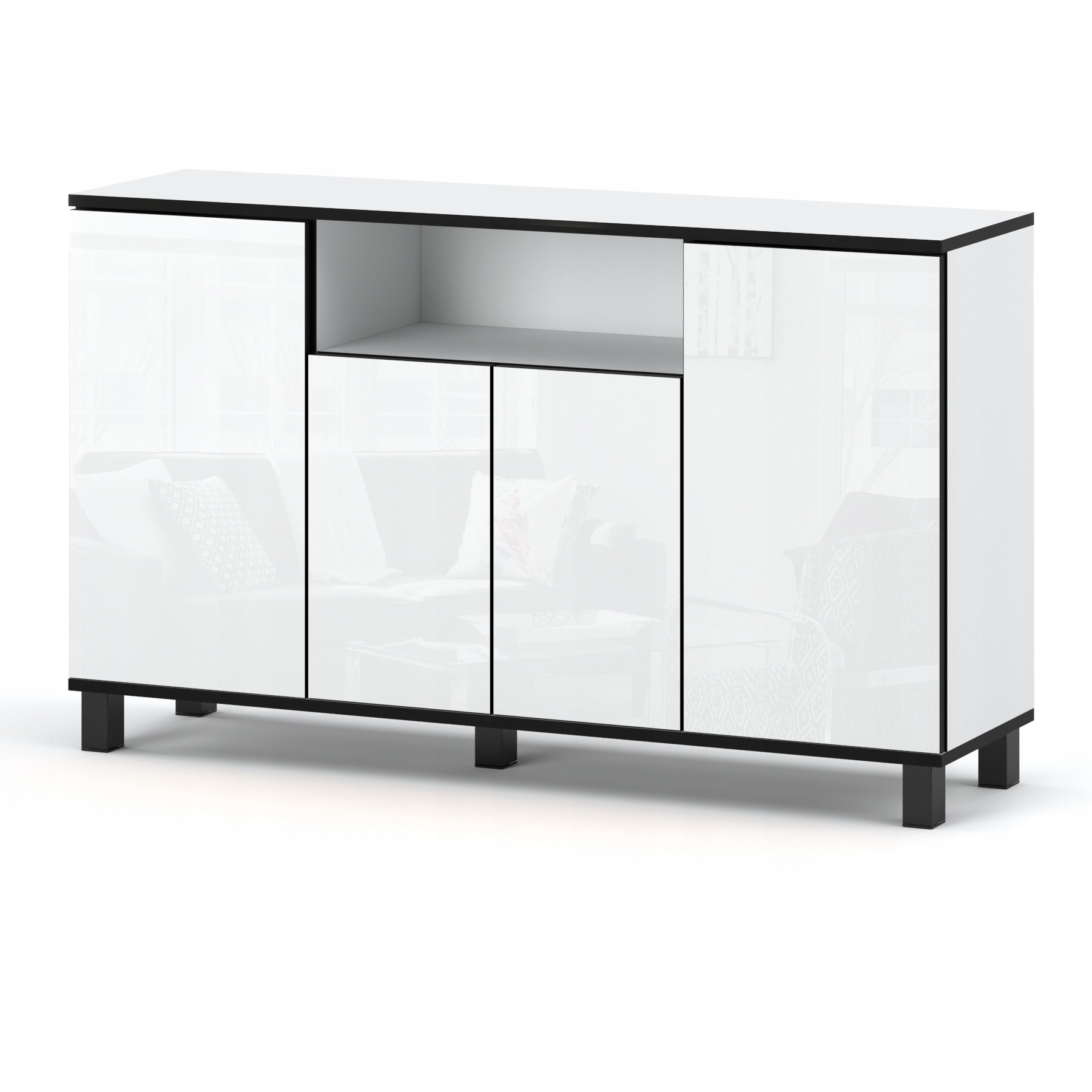 Grande Commode 140 Cm, Blanc Mat Et Blanc Brillant, Meuble Tv, Meuble De Salon Et De Chambre À Coucher