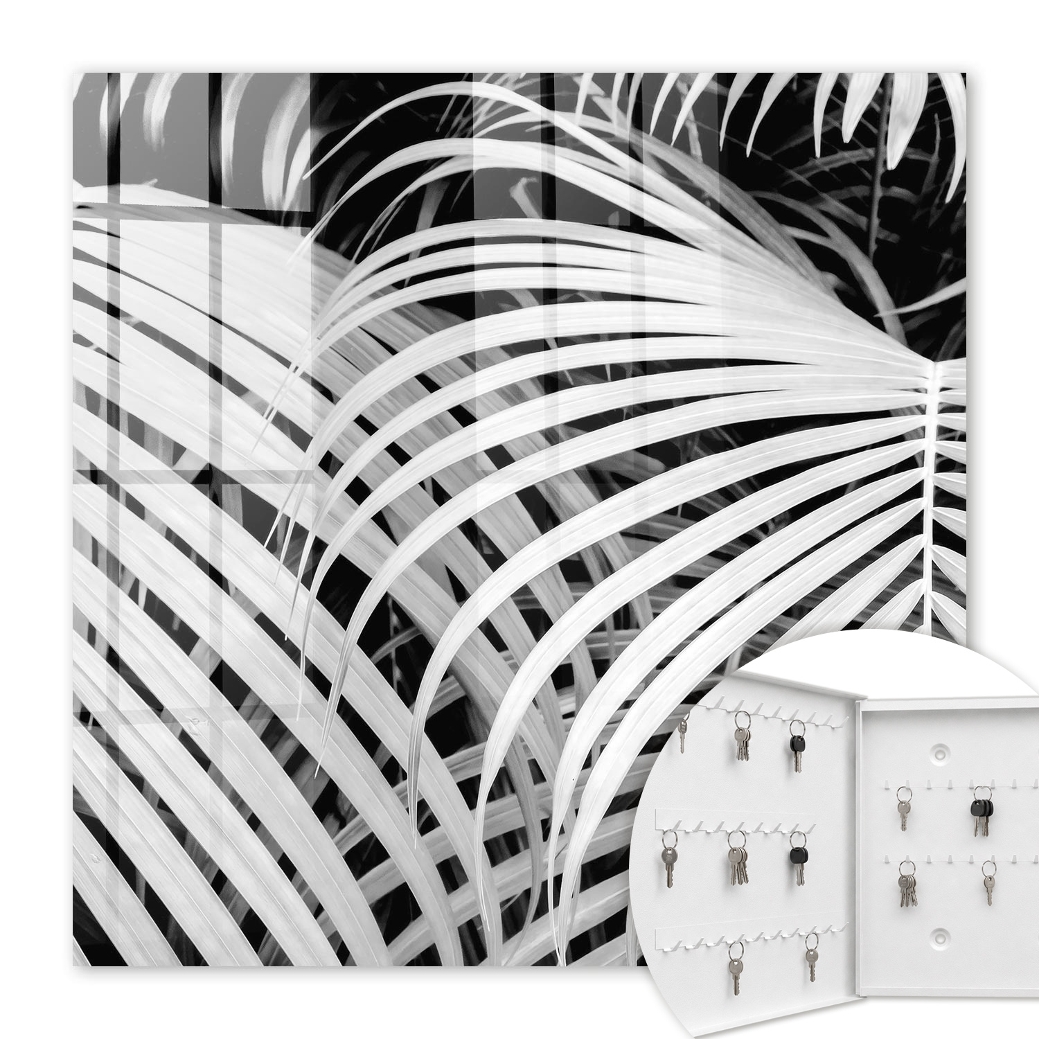 Armoire À Clés - (30 Cm X 30 Cm) - Boîte À Clés Murale - Coffret De Rangement Pour Clés - Couleur Blanche - Ouverture Vers La Gauche - Pour Maison Et Bureau - Feuilles De Palmier
