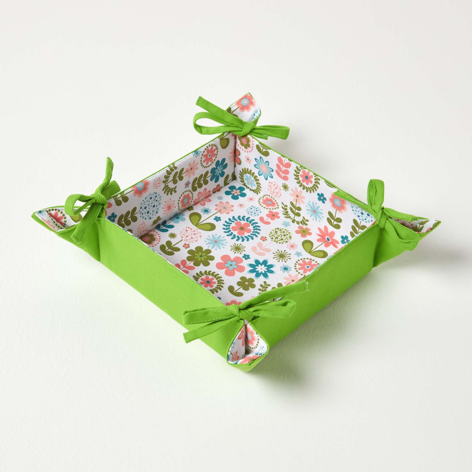 Corbeille À Pain Carré Tissu Fleurs Et Vert Uni Réversible - Homescapes