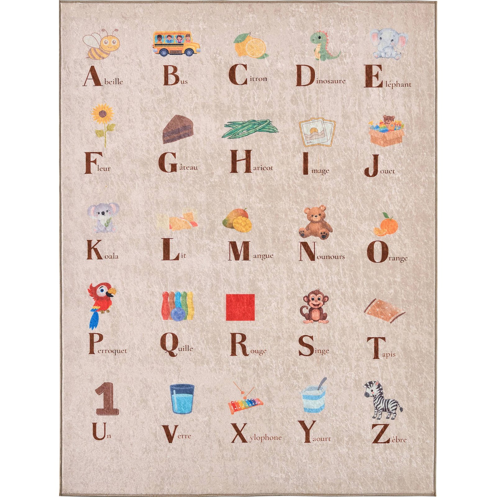 Tapis Alphabet Beige Antidérapant Lavable En Machine - 80 X 150 Cm