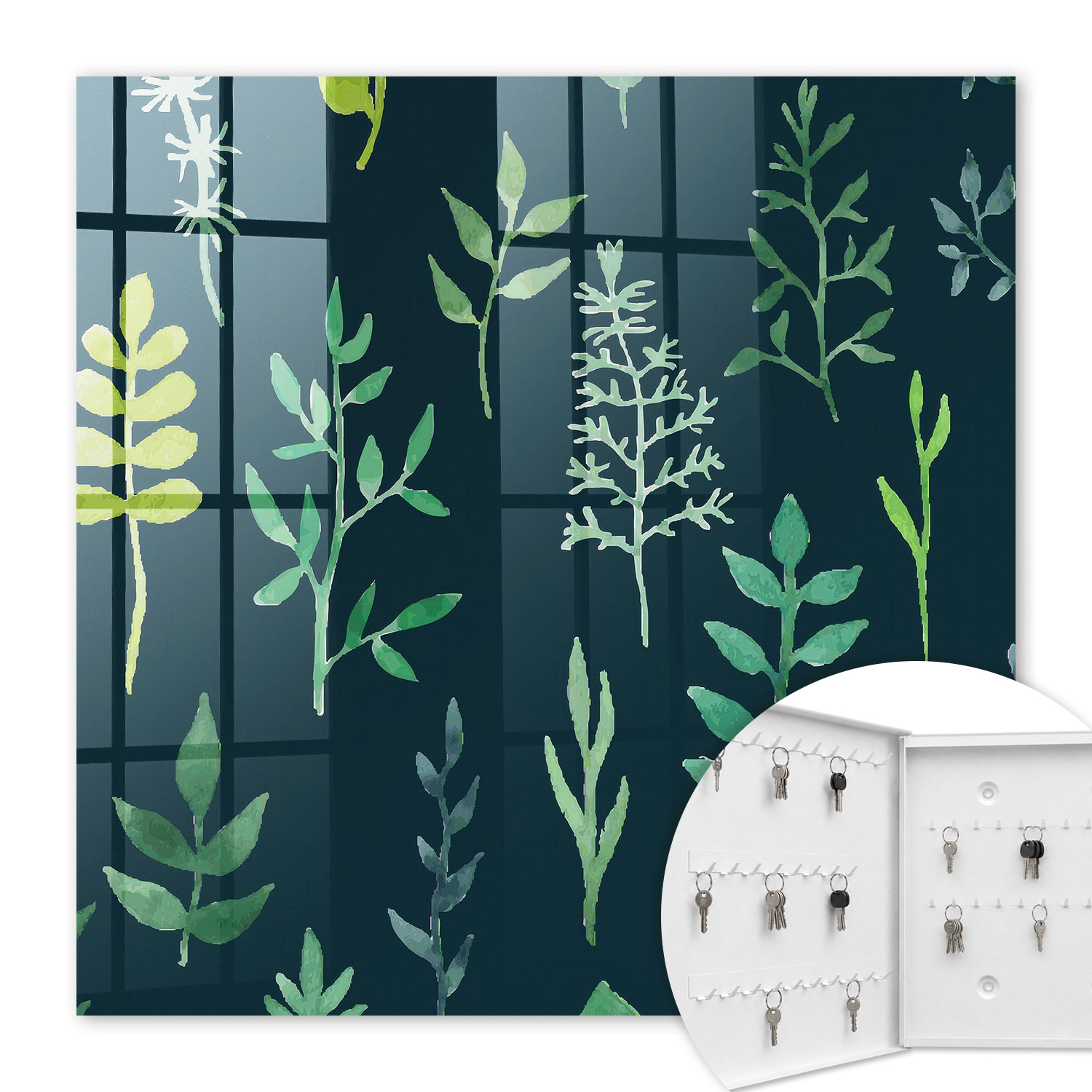 Armoire À Clés - (30 Cm X 30 Cm) - Boîte À Clés Murale - Coffret De Rangement Pour Clés - Couleur Blanche - Ouverture Vers La Gauche - Pour Maison Et Bureau - Feuilles Aquarelle