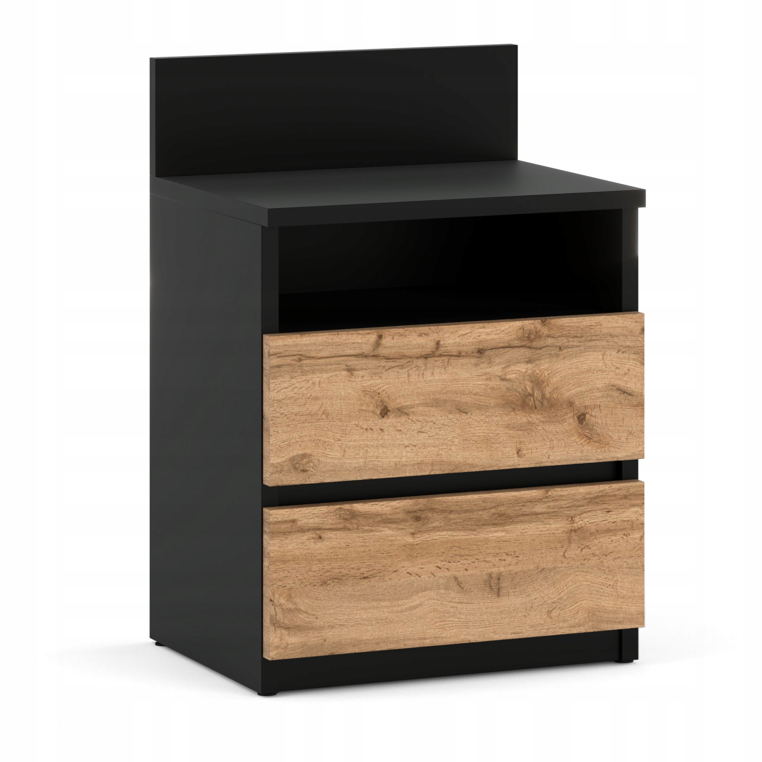 Table De Chevet Noire / Chêne Wotan - 40 Cm, 2 Tiroirs + Étagère, Meuble Pour Chambre À Coucher