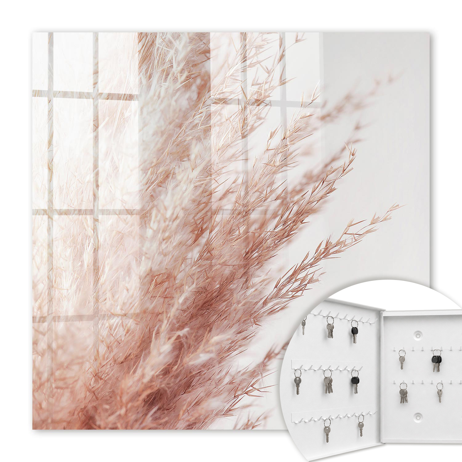 Armoire À Clés - (30 Cm X 30 Cm) - Boîte À Clés Murale - Coffret De Rangement Pour Clés - Couleur Blanche - Ouverture Vers La Gauche - Pour Maison Et Bureau - Herbe Bohème Pastel