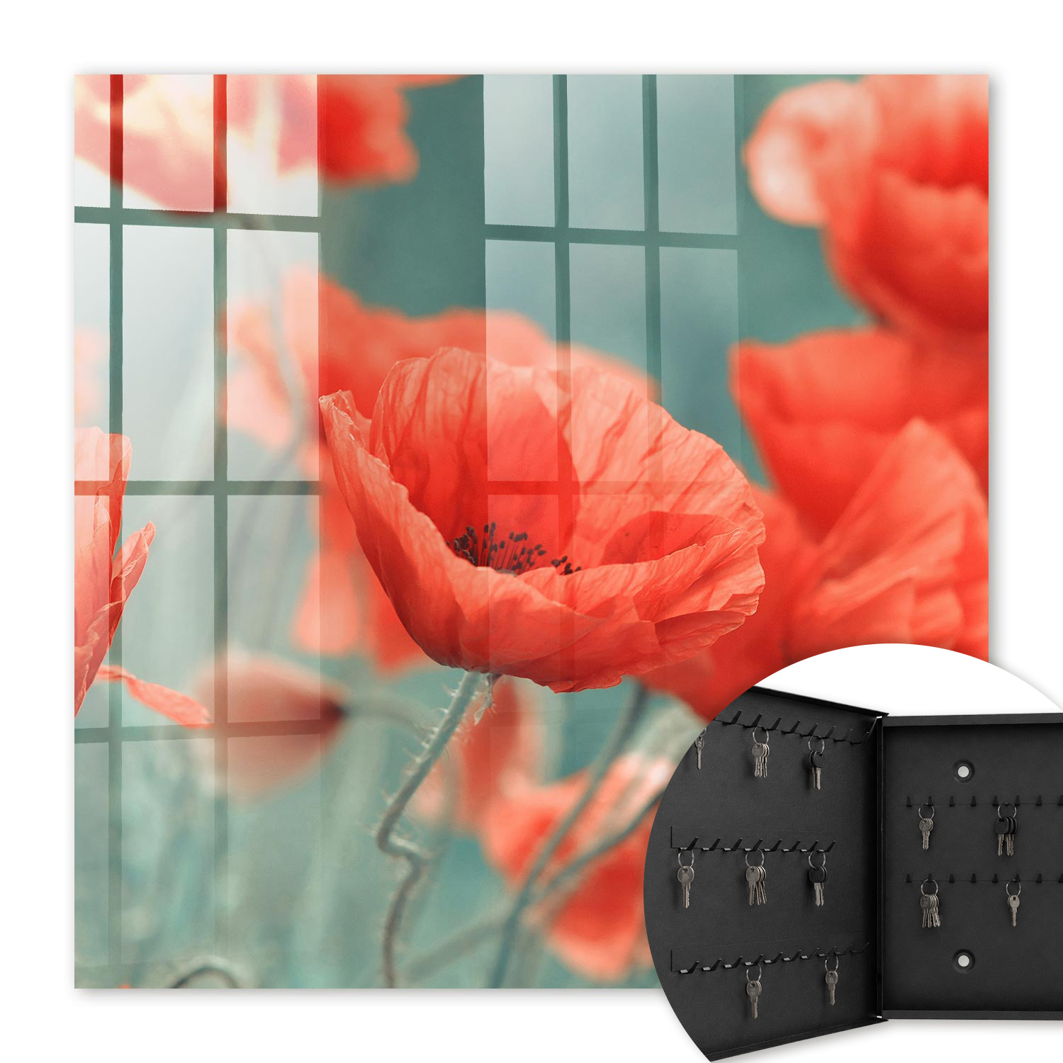 Armoire À Clés - (30 Cm X 30 Cm) - Boîte À Clés Murale - Coffret De Rangement Pour Clés - Couleur Noire - Ouverture Vers La Gauche - Pour Maison Et Bureau - Coquelicots Rouges