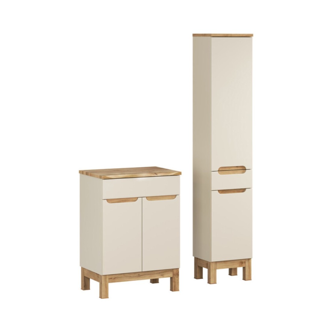 Ensemble De Salle De Bain Ermano Cachemire Et Aspect Chêne 95cm: Meuble Sous Vasque + Plan Pour Vasque Biseauté + Colonne