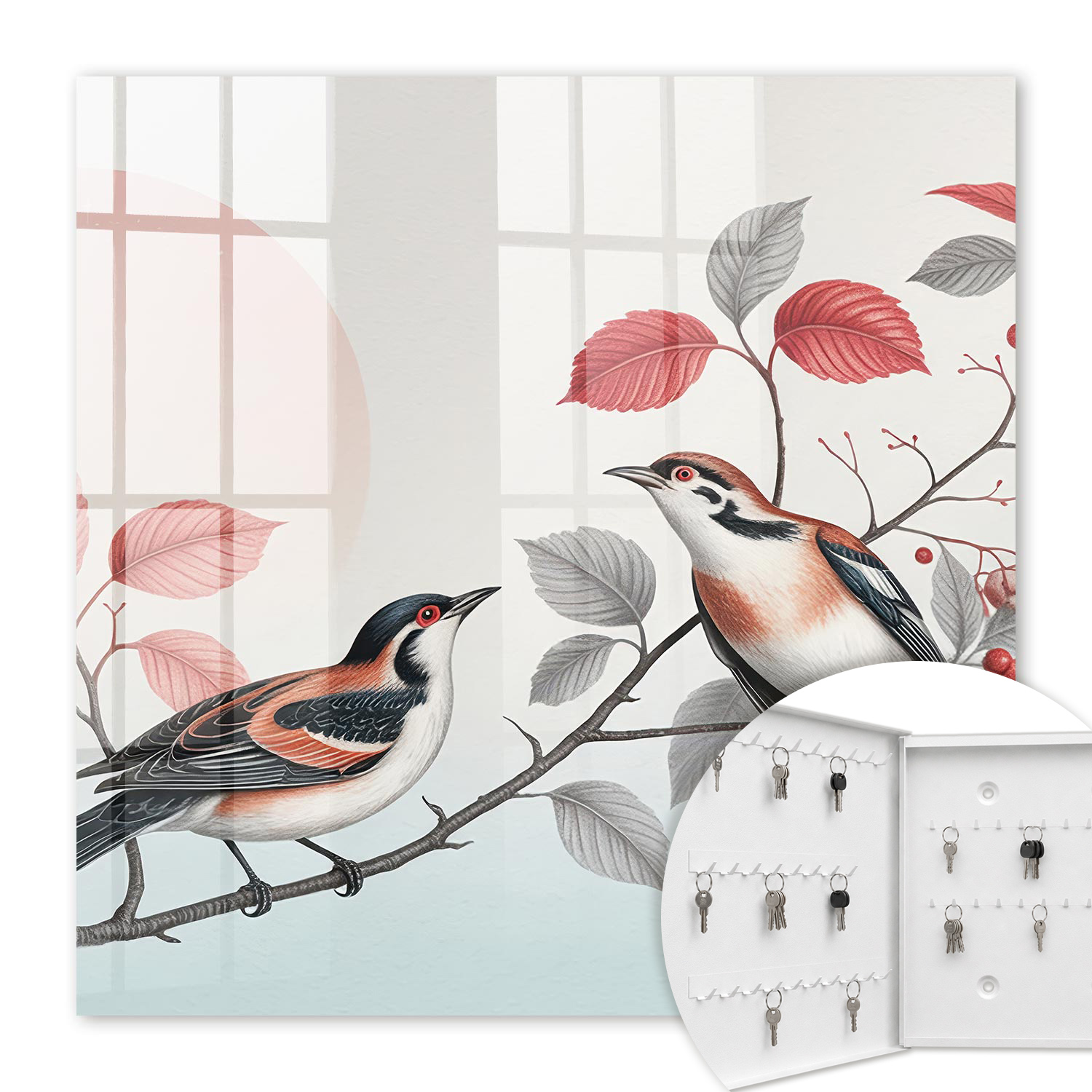 Armoire À Clés - (30 Cm X 30 Cm) - Boîte À Clés Murale - Coffret De Rangement Pour Clés - Couleur Blanche - Ouverture Vers La Gauche - Pour Maison Et Bureau - Les Oiseaux Et La Nature