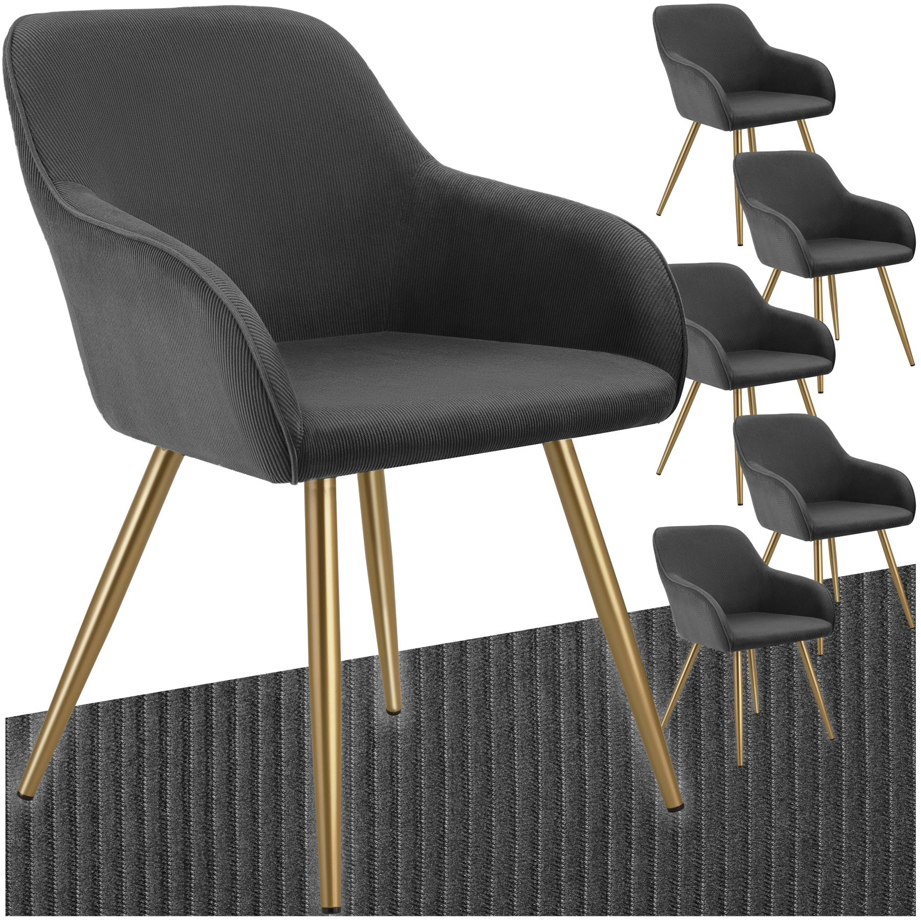 Lot De 6 Chaises En Velours Côtelé Forme Ergonomique Anthracite/or