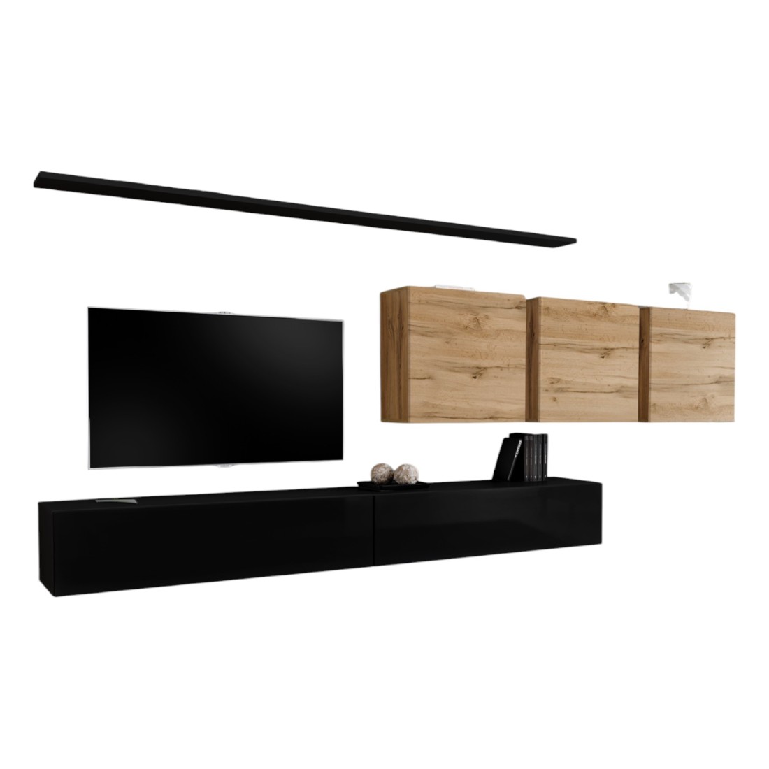 Meublorama - Ensemble Meuble Salon Switch Vii Design, Coloris Noir Brillant Et Chêne Wotan.