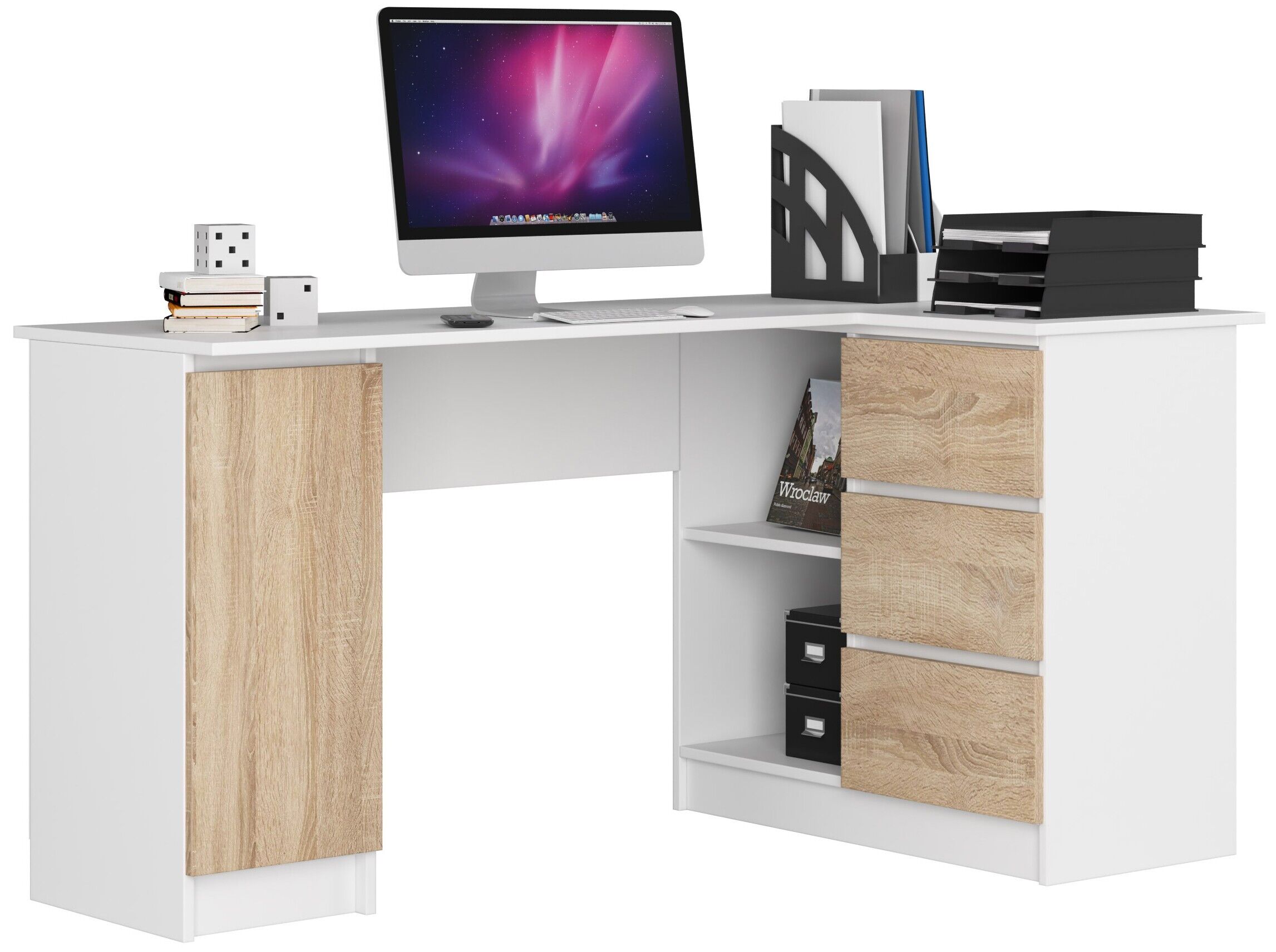 Grand Bureau D'angle Akord Droit B20 Blanc 155 Cm 1 Porte 3 Tiroirs Façade Chêne Sonoma 4 Étagères 155x85x77 Cm