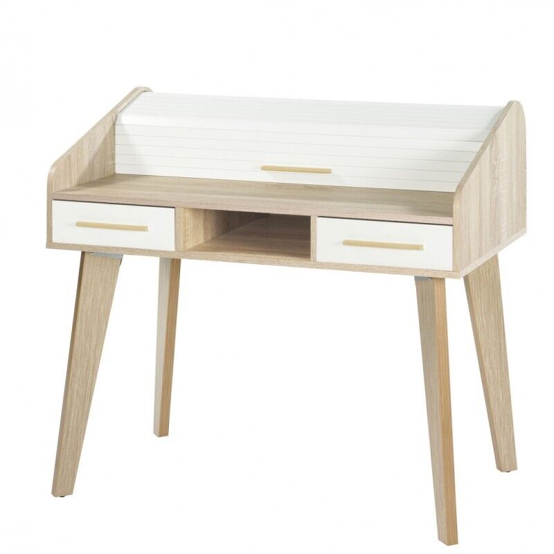 Bureau Beaux Meubles Pas Chers Twist Dos D'âne 2 Tiroirs Rideau Blanc 104 X 60 X 95 Cm