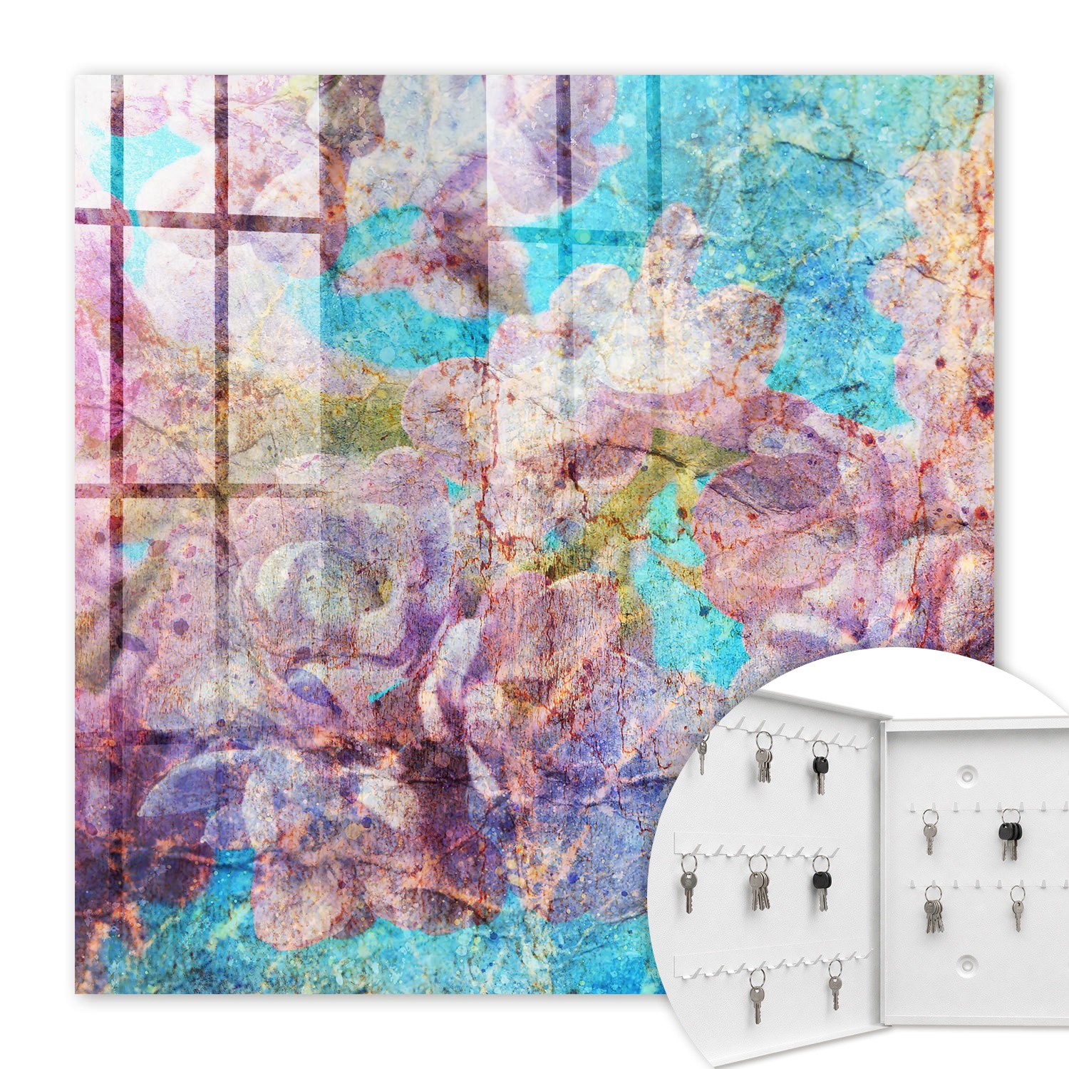 Armoire À Clés - (30 Cm X 30 Cm) - Boîte À Clés Murale - Coffret De Rangement Pour Clés - Couleur Blanche - Ouverture Vers La Gauche - Pour Maison Et Bureau - Fleurs Colorées