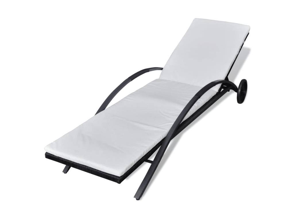 Transat Chaise Longue Bain De Soleil Lit De Jardin Terrasse Meuble D'extérieur Avec Coussin Et Roues Résine Tressée Noir