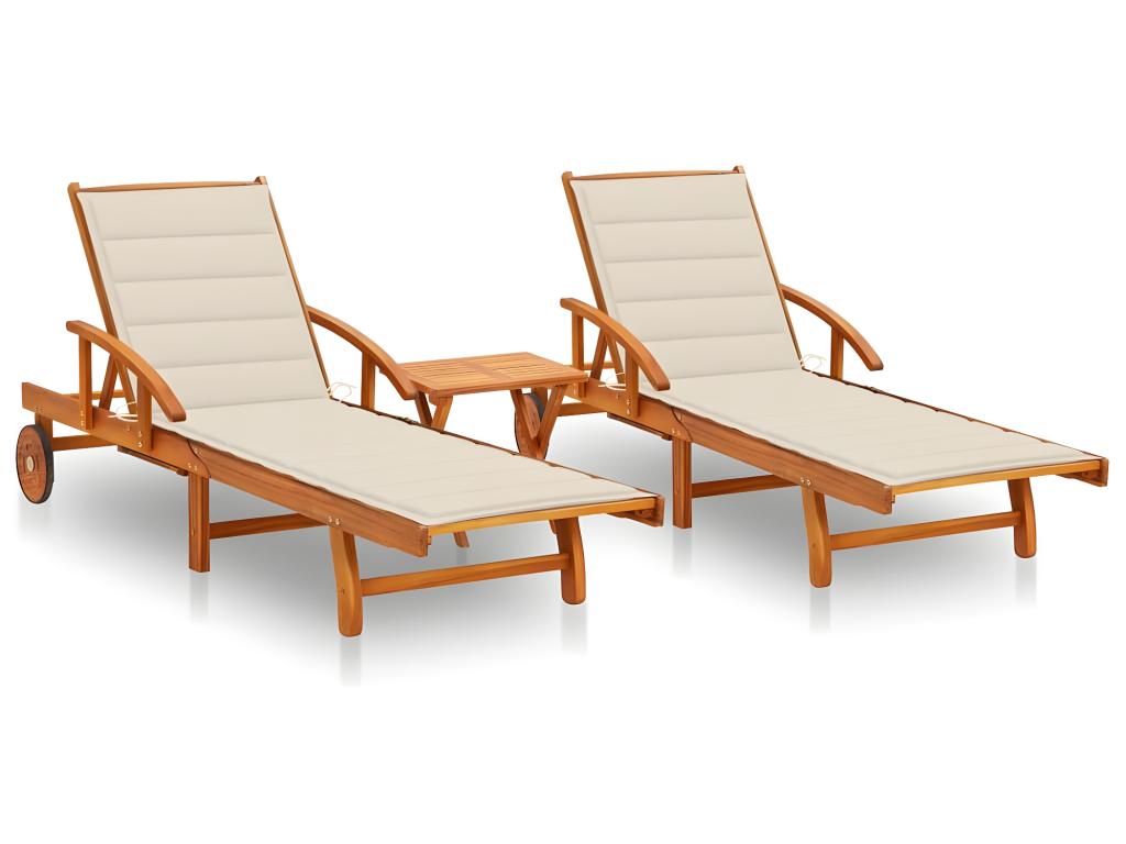 Lot De 2 Transats Chaise Longue Bain De Soleil Lit De Jardin Terrasse Meuble D'extérieur Avec Table Et Coussins Acacia S